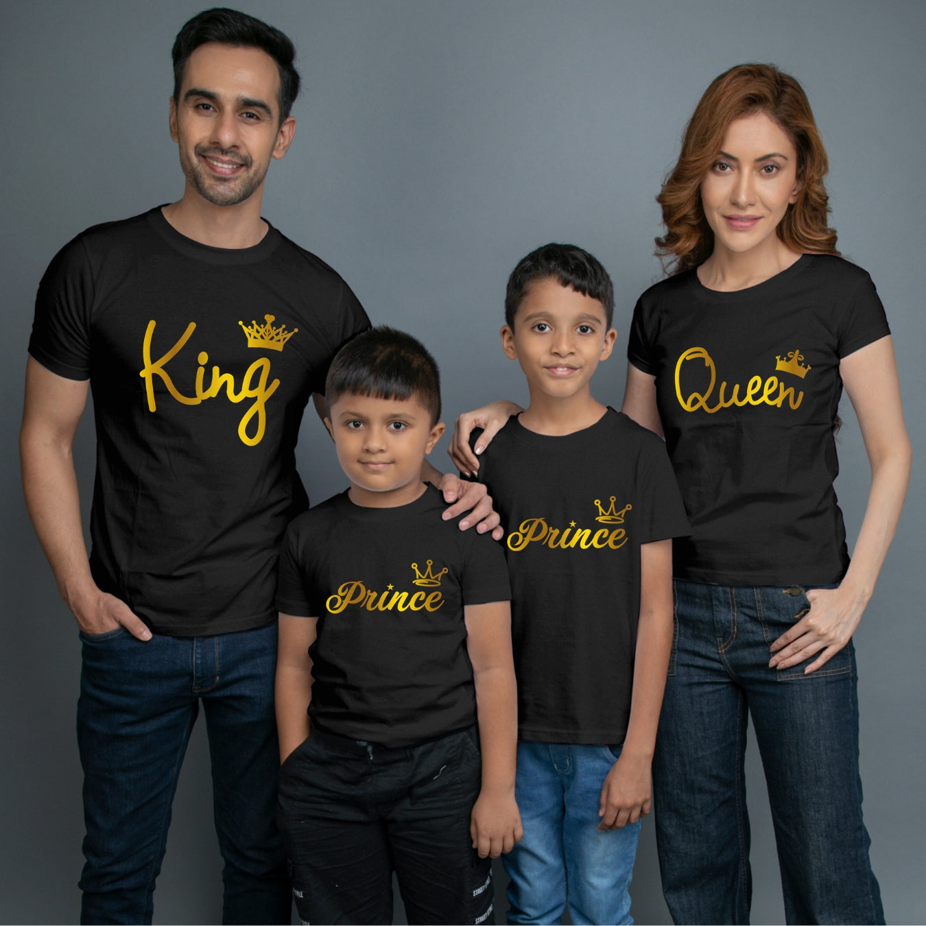 Family t shirts set of 4 Mom Dad Two Sons in Black Colour - King Queen Prince All Gold Variant