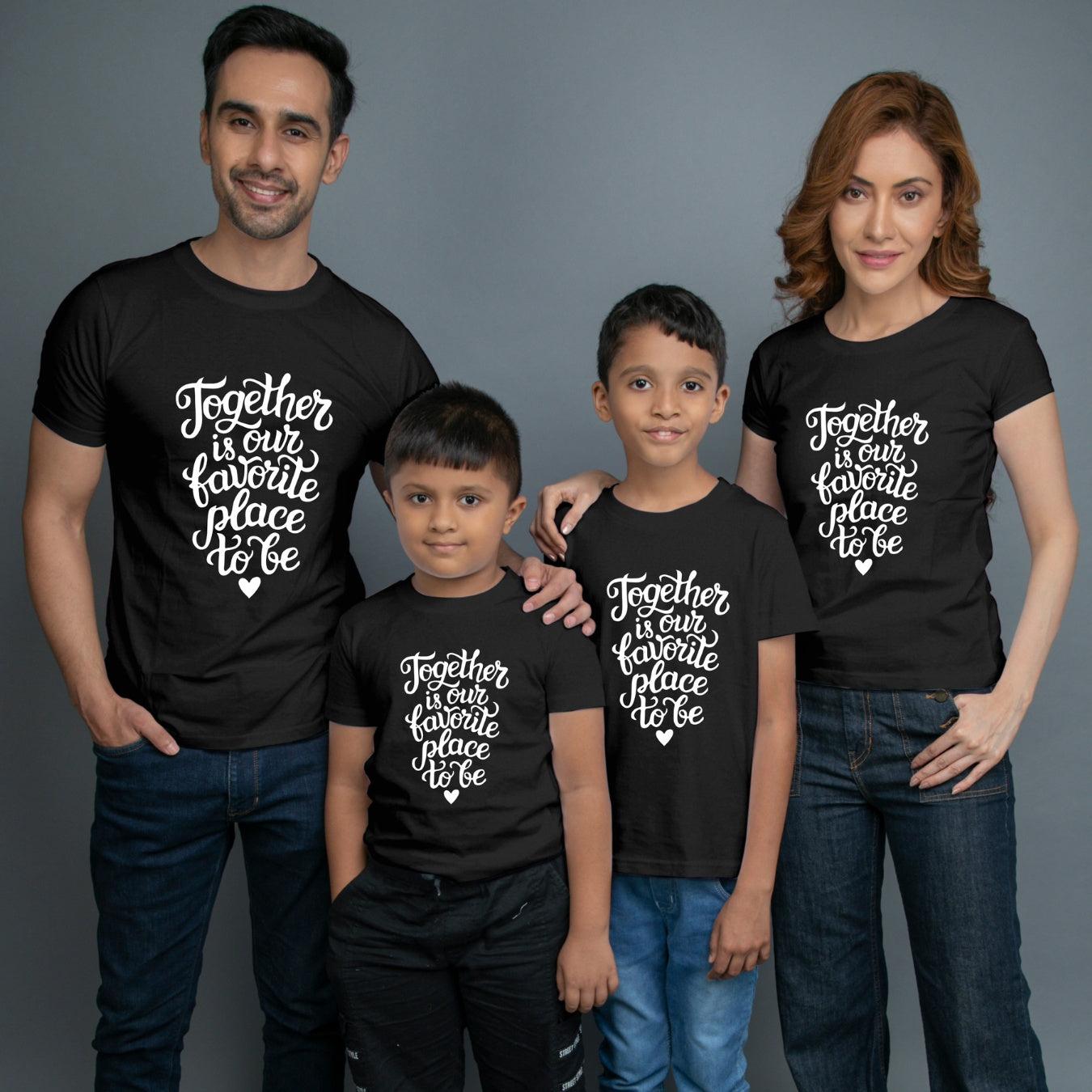 Family t shirts set of 4 Mom Dad Two Sons in Black Colour - Together Is Our Favourite Place To Be Variant