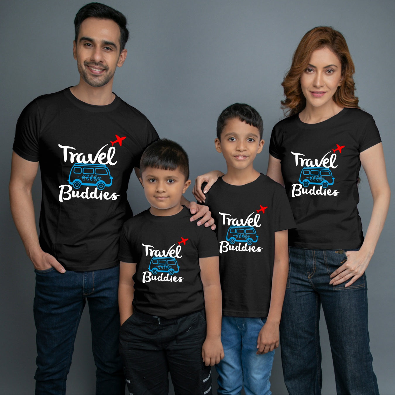 Family t shirts set of 4 Mom Dad Two Sons in Black Colour - Travel Buddies