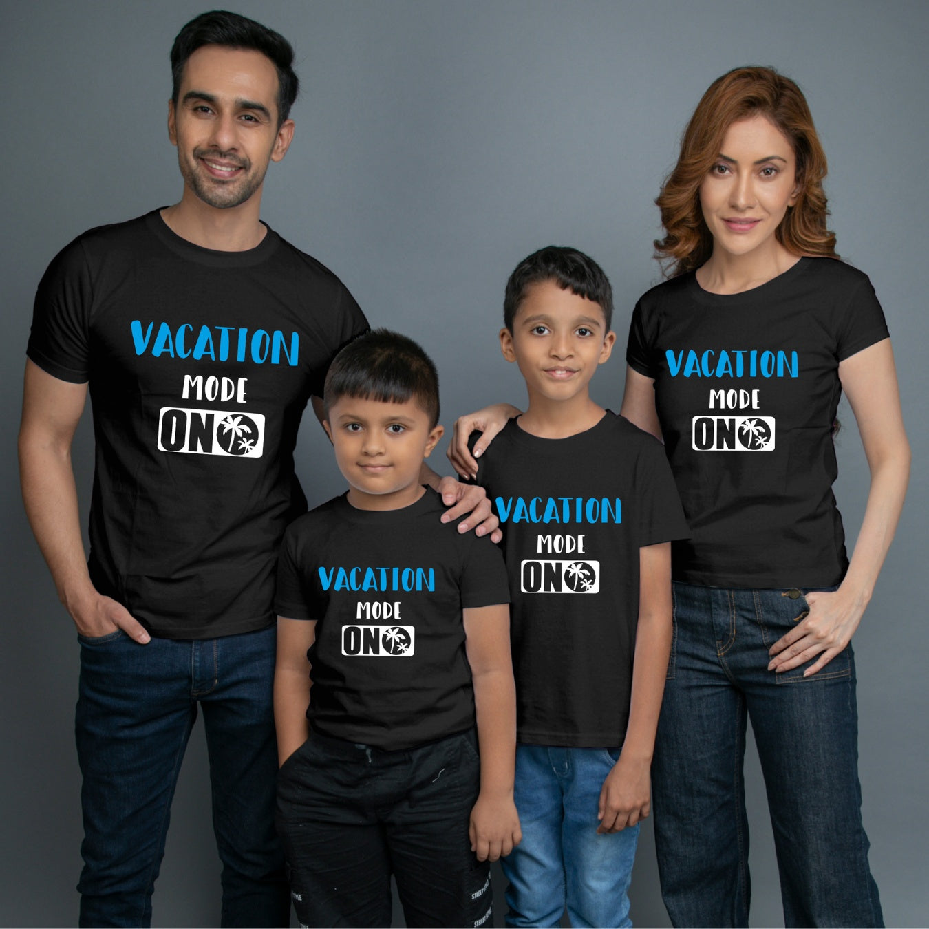 Family t shirts set of 4 Mom Dad Two Sons in Black Colour - Vacation Mode On Variant