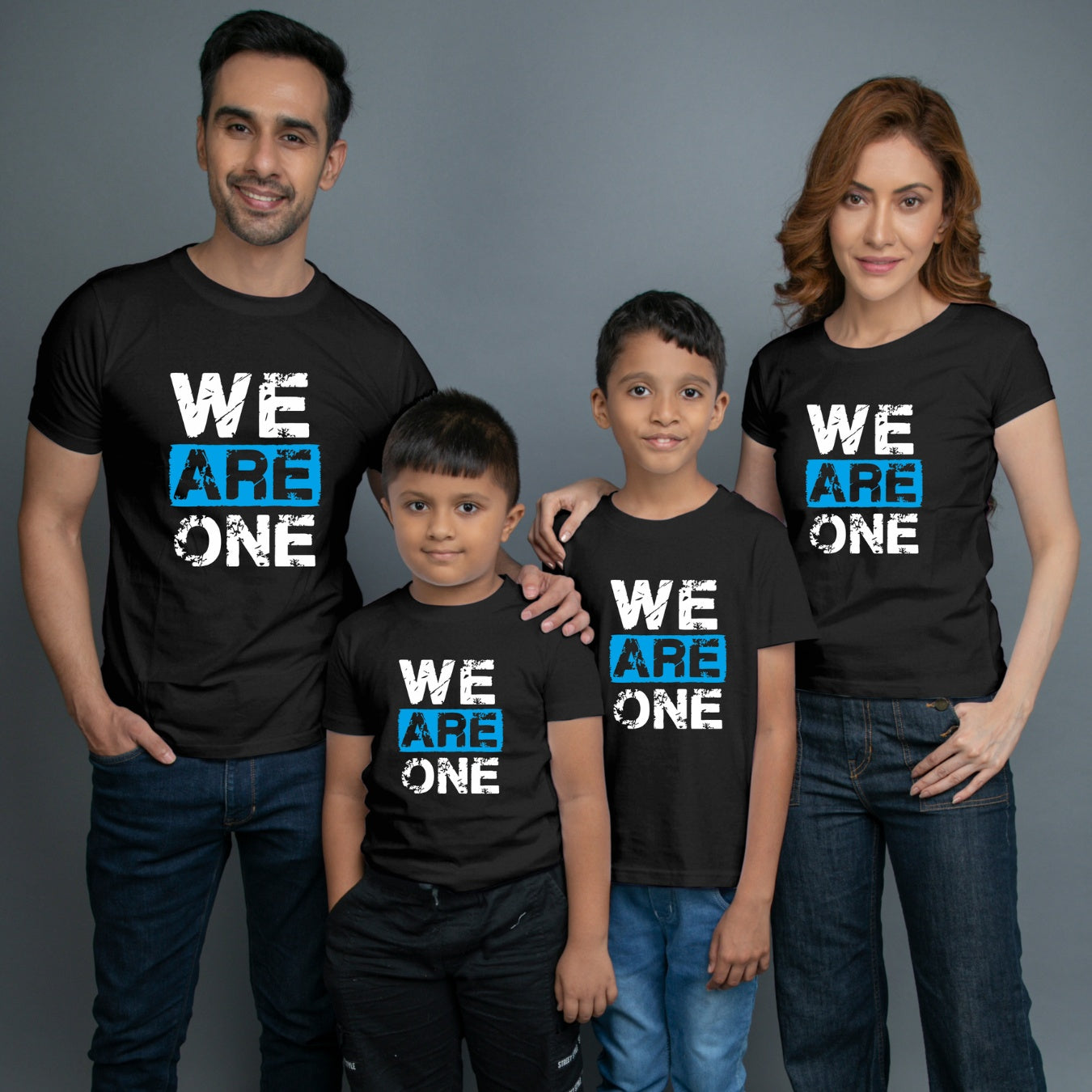 Family t shirts set of 4 Mom Dad Two Sons in Black Colour - We Are One Variant