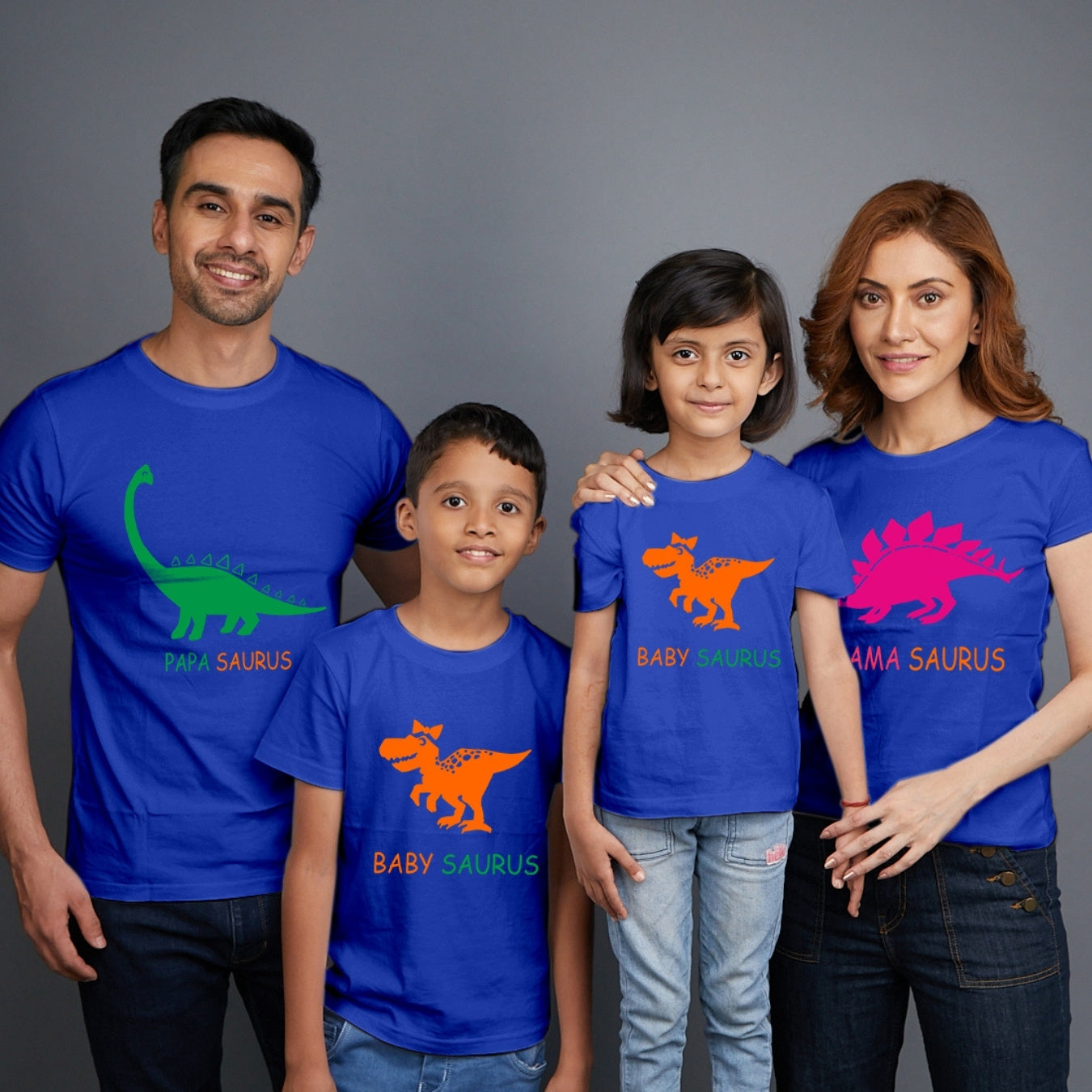 Family t shirts set of 4 Mom Dad Son Daughter in Blue Colour - Dino Family