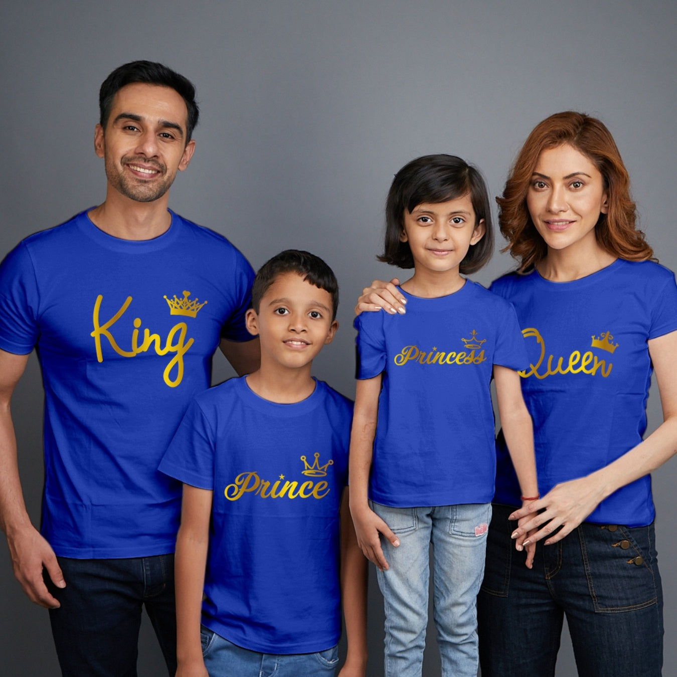 Family t shirts set of 4 Mom Dad Son Daughter in Blue Colour - King Queen Prince Princess All Gold Variant