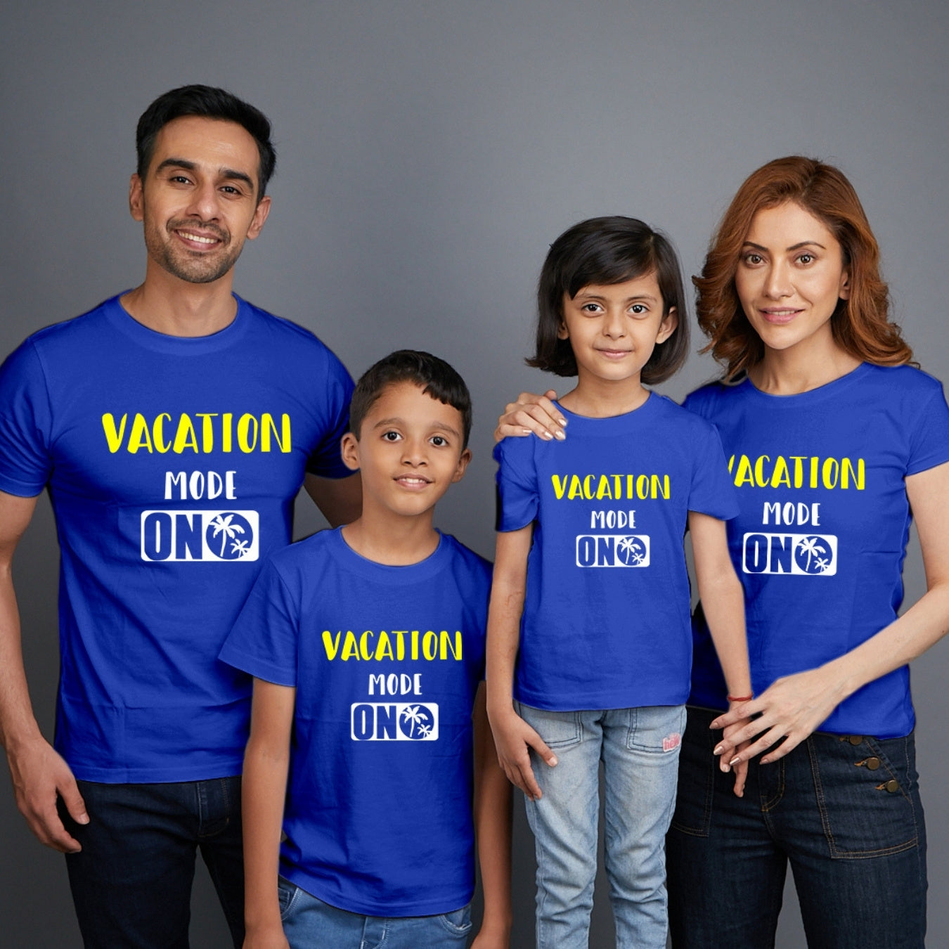 Family t shirts set of 4 Mom Dad Son Daughter in Blue Colour - Vacation Mode On Variant