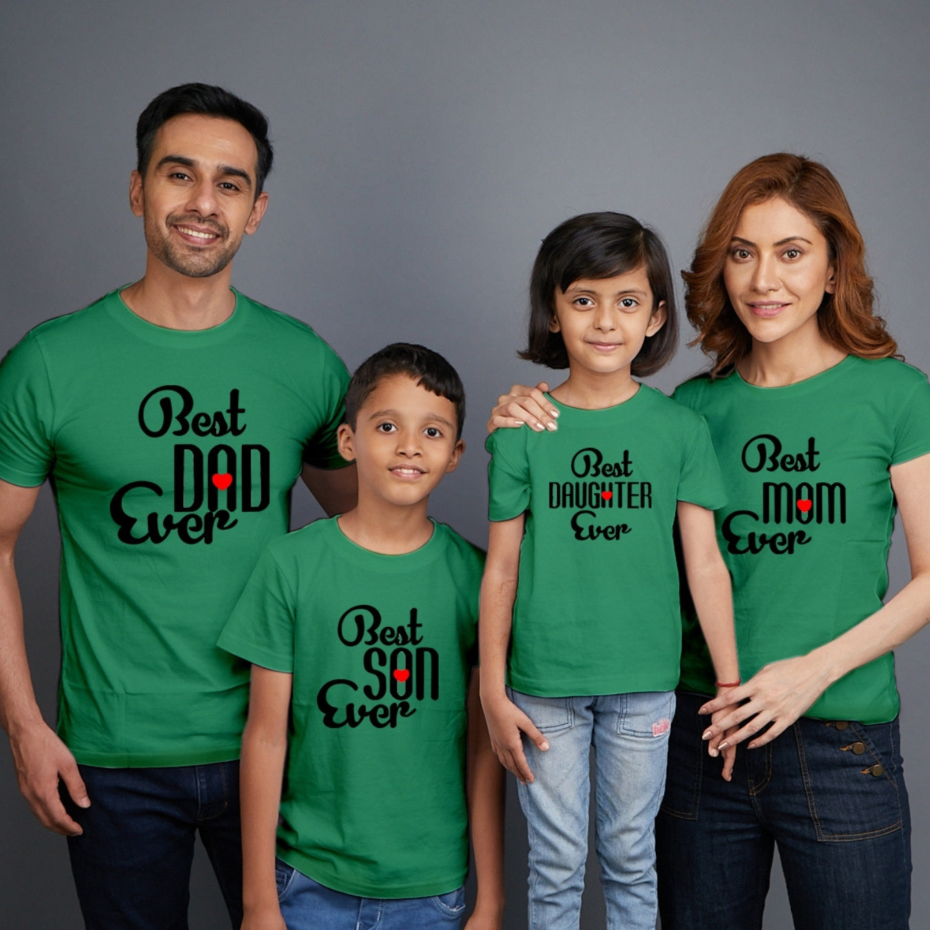 Family t shirts set of 4 Mom Dad Son Daughter in Green Colour - Best Mom Dad Son Daughter Ever