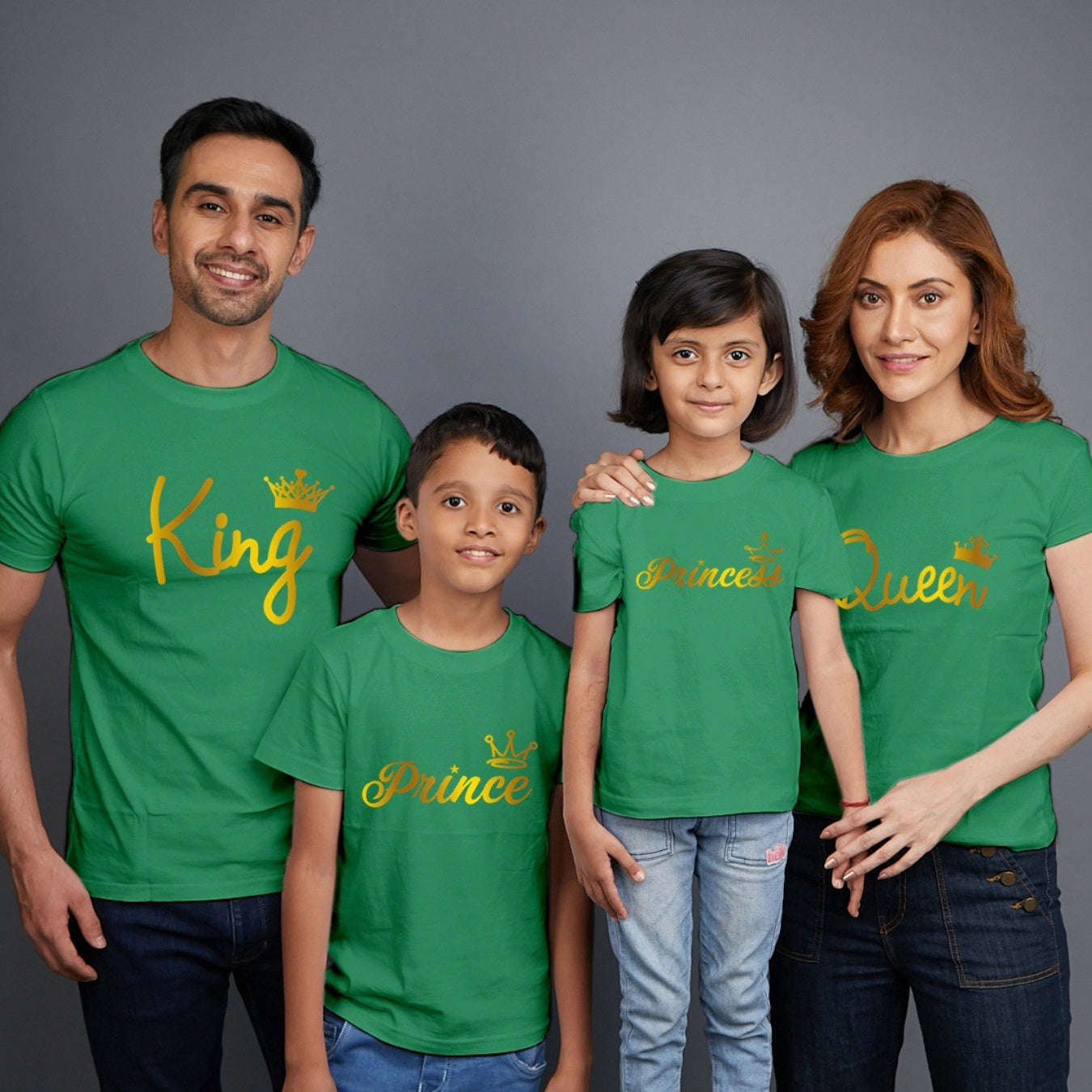 Family t shirts set of 4 Mom Dad Son Daughter in Green Colour - King Queen Prince Princess All Gold Variant