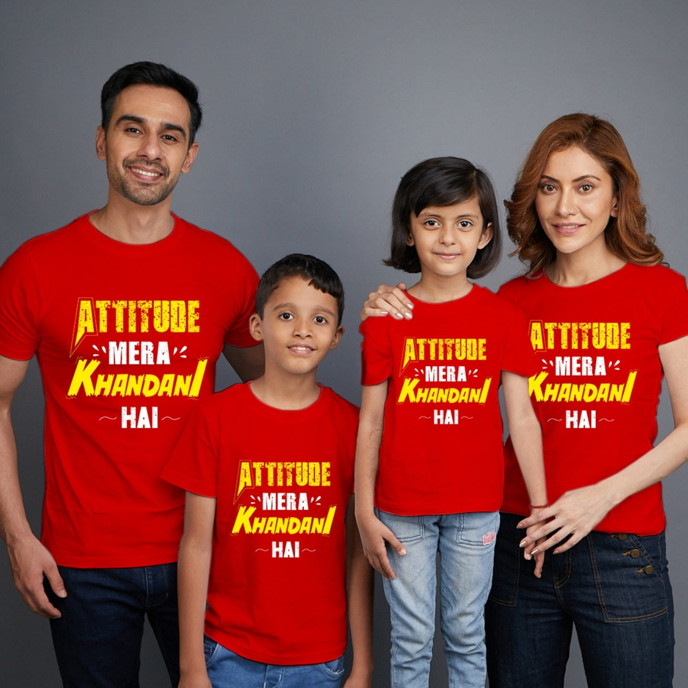 Family t shirts set of 4 Mom Dad Son Daughter in Red Colour - Attitude Mera Khandani Hain Variant