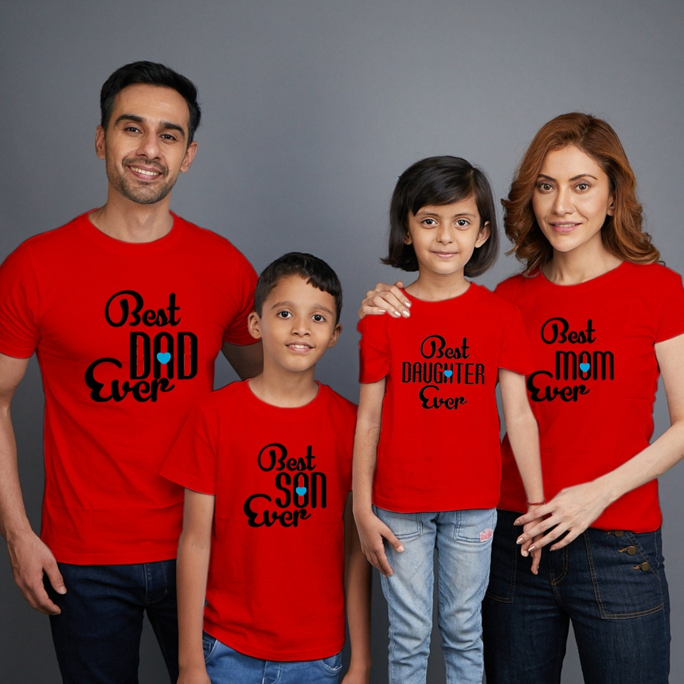 Family t shirts set of 4 Mom Dad Son Daughter in Red Colour - Best Mom Dad Son Daughter Ever