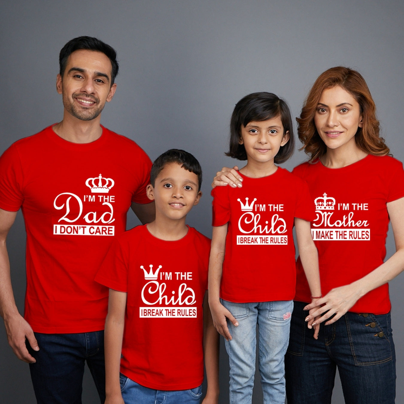Family t shirts set of 4 Mom Dad Son Daughter in Red Colour - I Make Break The Rules Variant