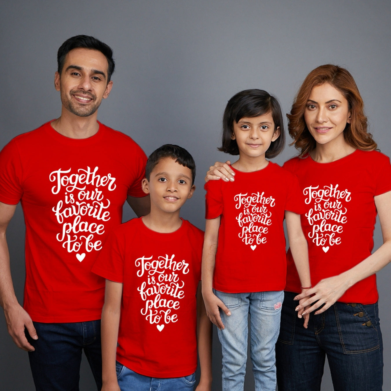 Family t shirts set of 4 Mom Dad Son Daughter in Red Colour - Together Is Our Favourite Place To Be Variant