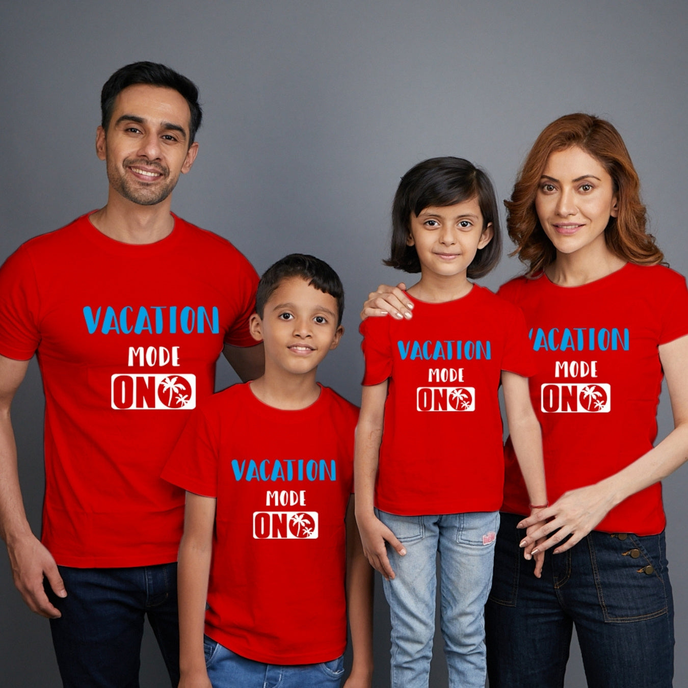 Family t shirts set of 4 Mom Dad Son Daughter in Red Colour - Vacation Mode On Variant