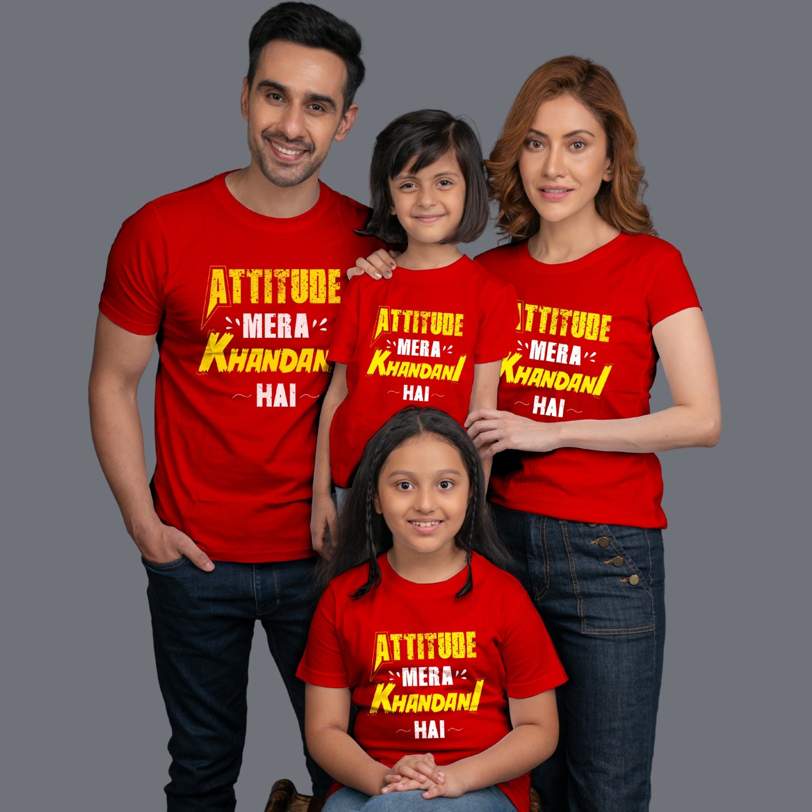 Family t shirts set of 4 Mom Dad Two Daughters in Red Colour - Attitude Mera Khandani Hain Variant