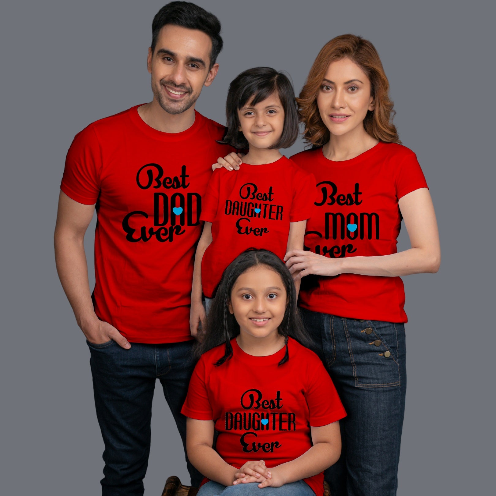 Family t shirts set of 4 Mom Dad Two Daughters in Red Colour - Best Mom Dad Daughter Ever Variant