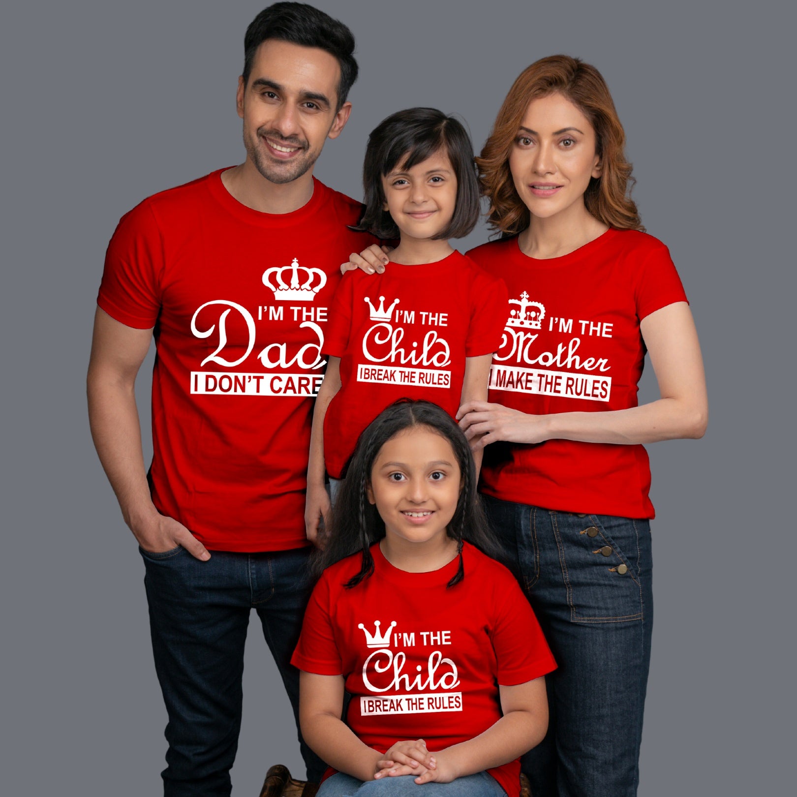Family t shirts set of 4 Mom Dad Two Daughters in Red Colour - I Make Break The Rules Variant
