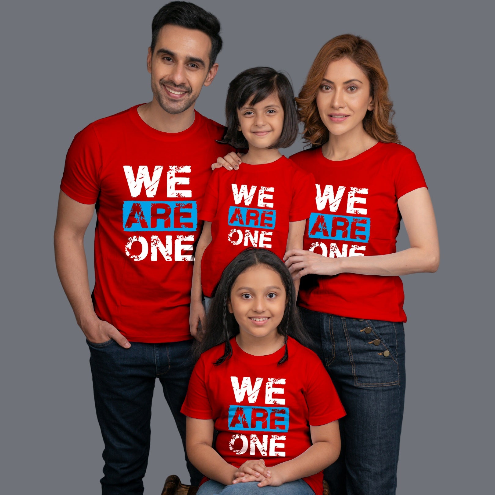 Family t shirts set of 4 Mom Dad Two Daughters in Red Colour - We Are One Variant