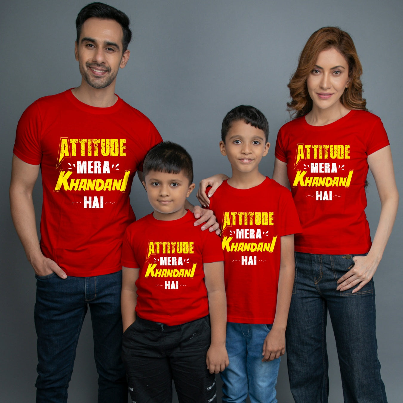 Family t shirts set of 4 Mom Dad Two Sons in Red Colour - Attitude Mera Khandani Hain Variant