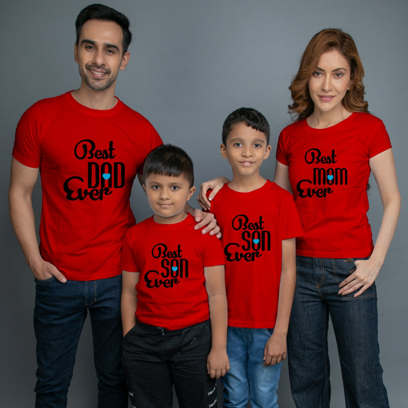 Family t shirts set of 4 Mom Dad Two Sons in Red Colour - Best Mom Dad Son Ever Variant