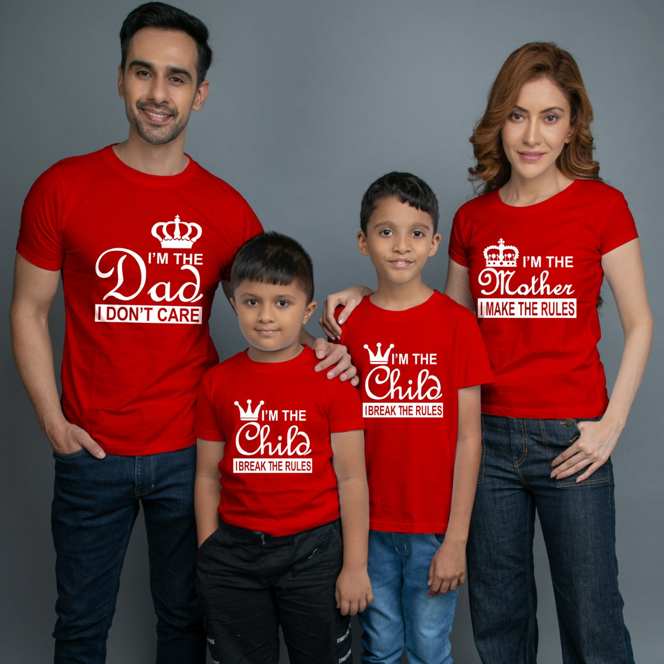 Family t shirts set of 4 Mom Dad Two Sons in Red Colour - I Make Break The Rules Variant