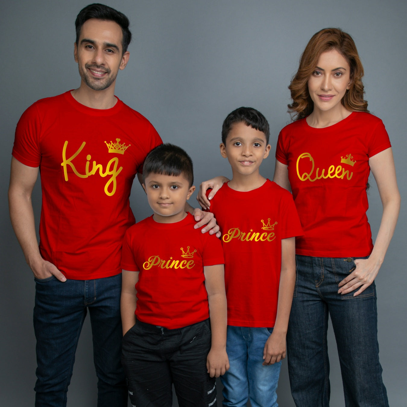 Family t shirts set of 4 Mom Dad Two Sons in Red Colour - King Queen Prince All Gold Variant