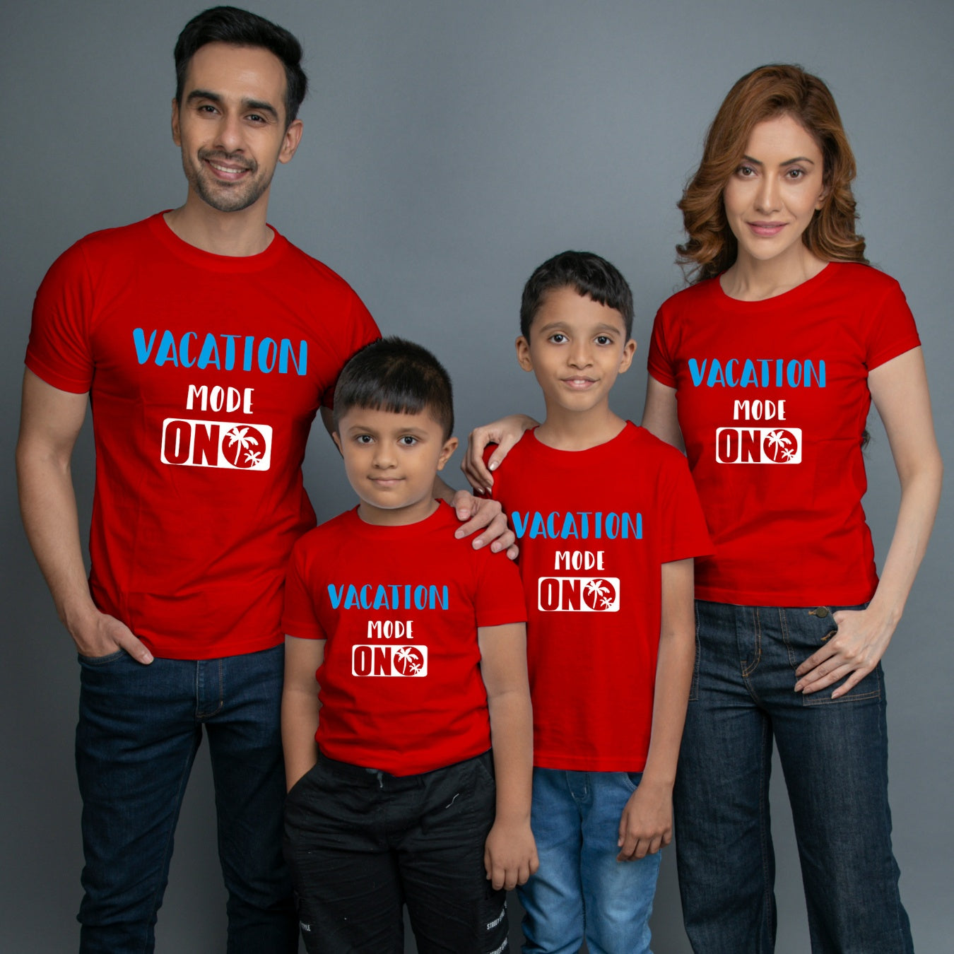 Family t shirts set of 4 Mom Dad Two Sons in Red Colour - Vacation Mode On Variant