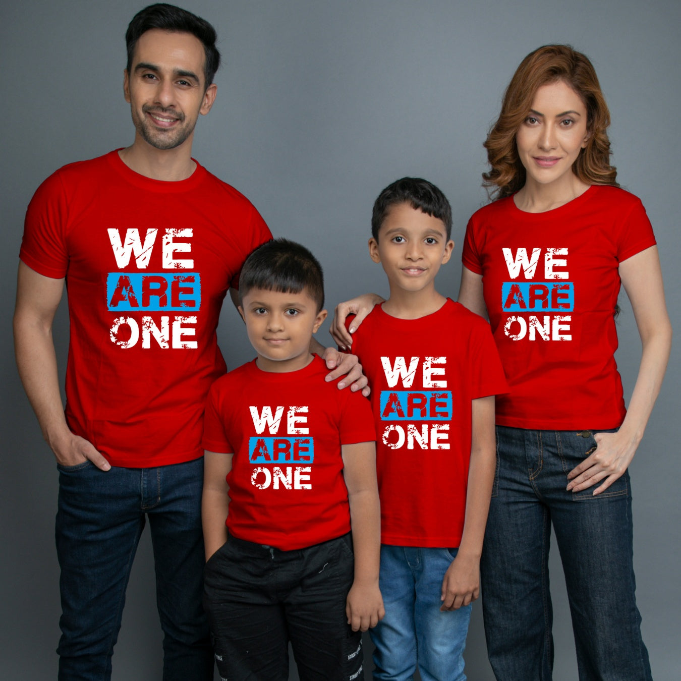 Family t shirts set of 4 Mom Dad Two Sons in Red Colour - We Are One Variant