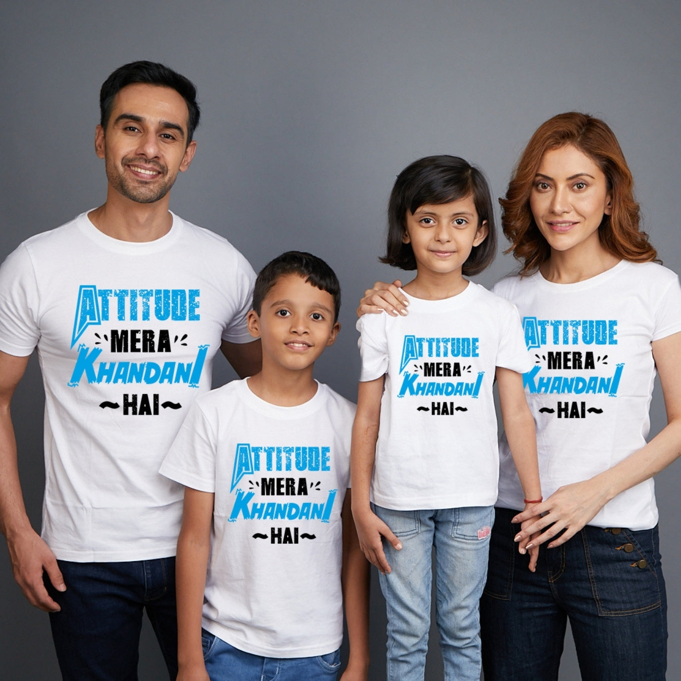 Family t shirts set of 4 Mom Dad Son Daughter in White Colour - Attitude Mera Khandani Hain Variant