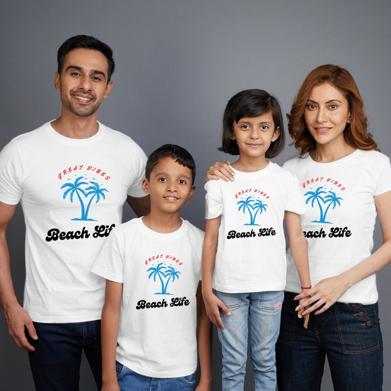 Family t shirts set of 4 Mom Dad Son Daughter in White Colour - Beach Life Variant