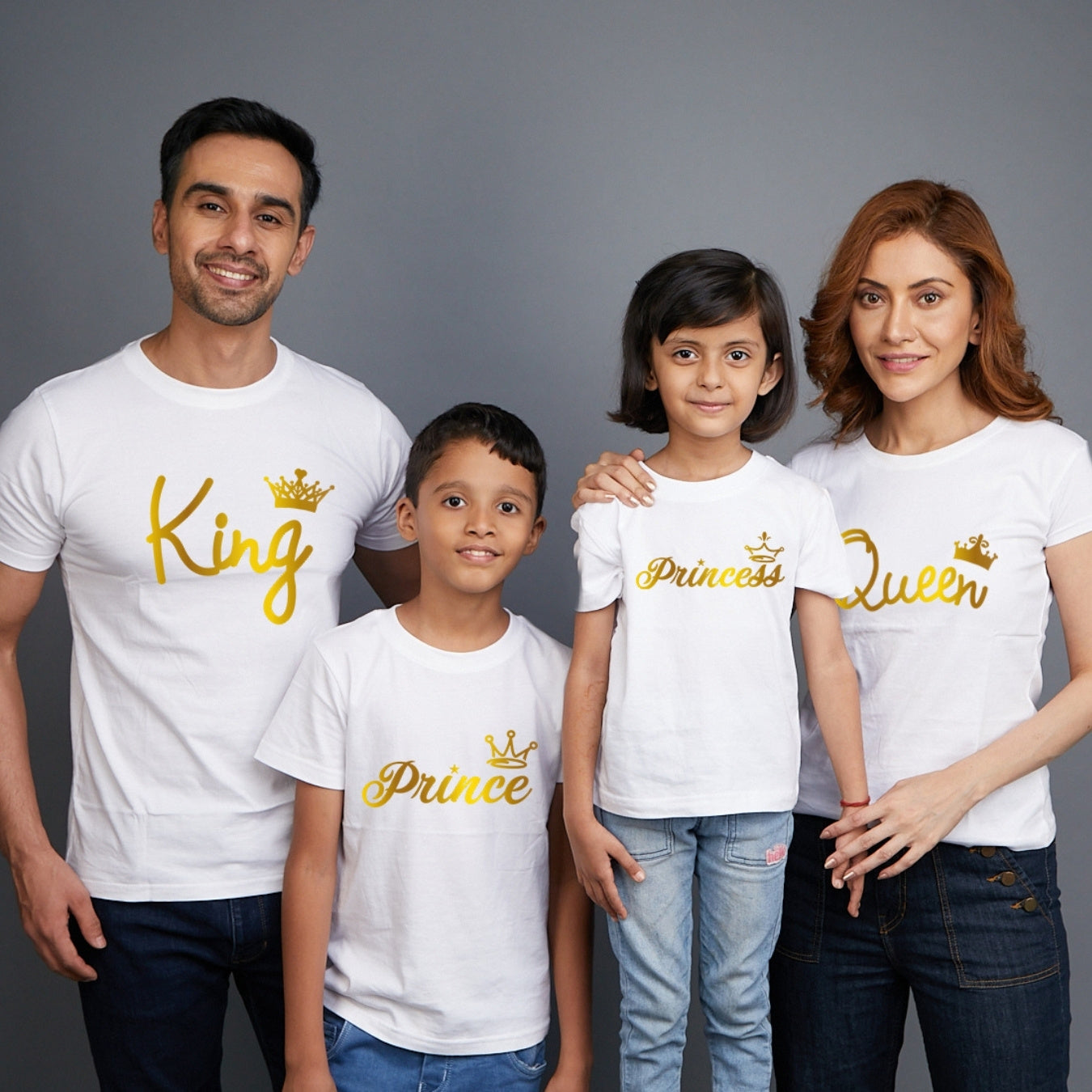 Family t shirts set of 4 Mom Dad Son Daughter in White Colour - King Queen Prince Princess All Gold Variant