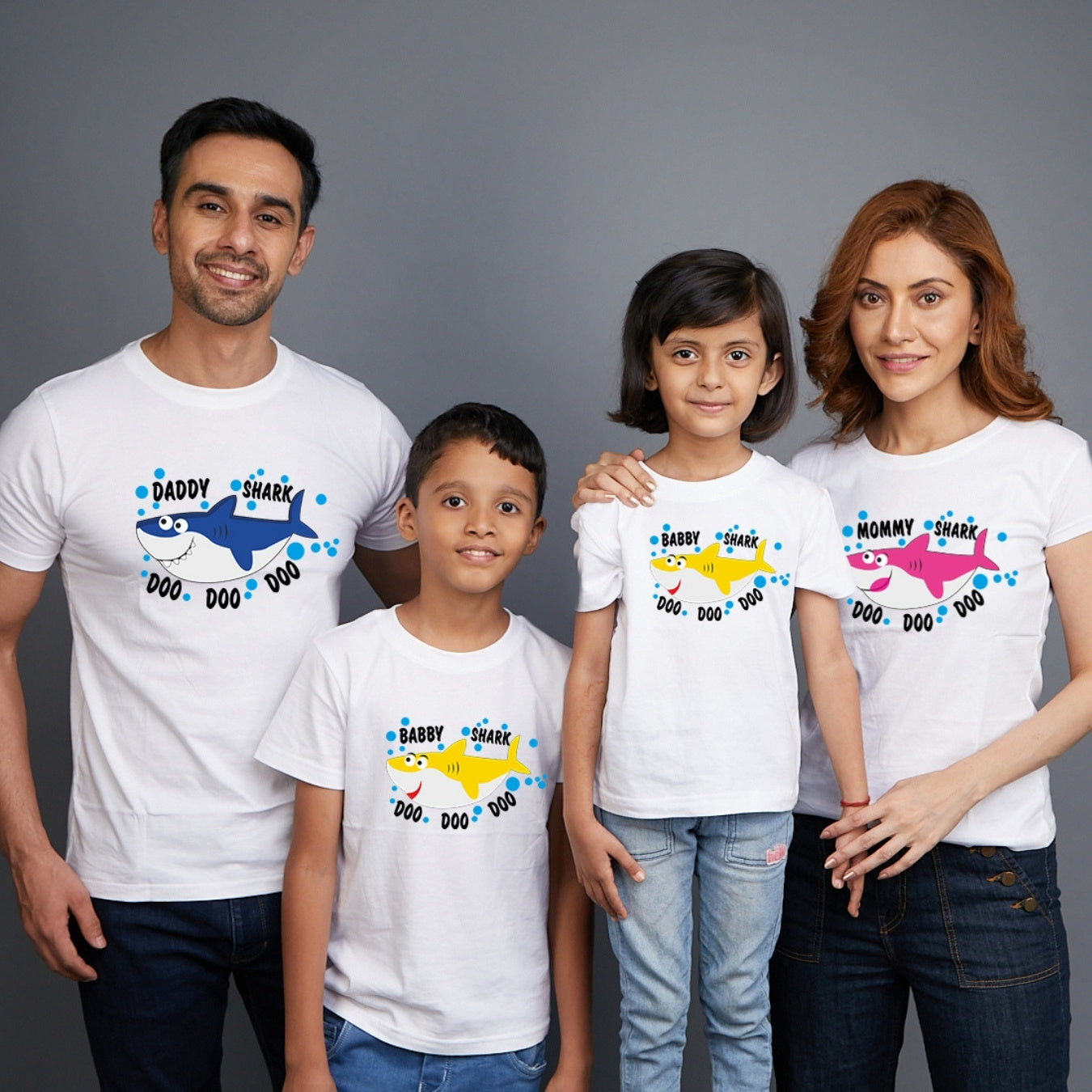 Family t shirts set of 4 Mom Dad Son Daughter in White Colour - Shark Family
