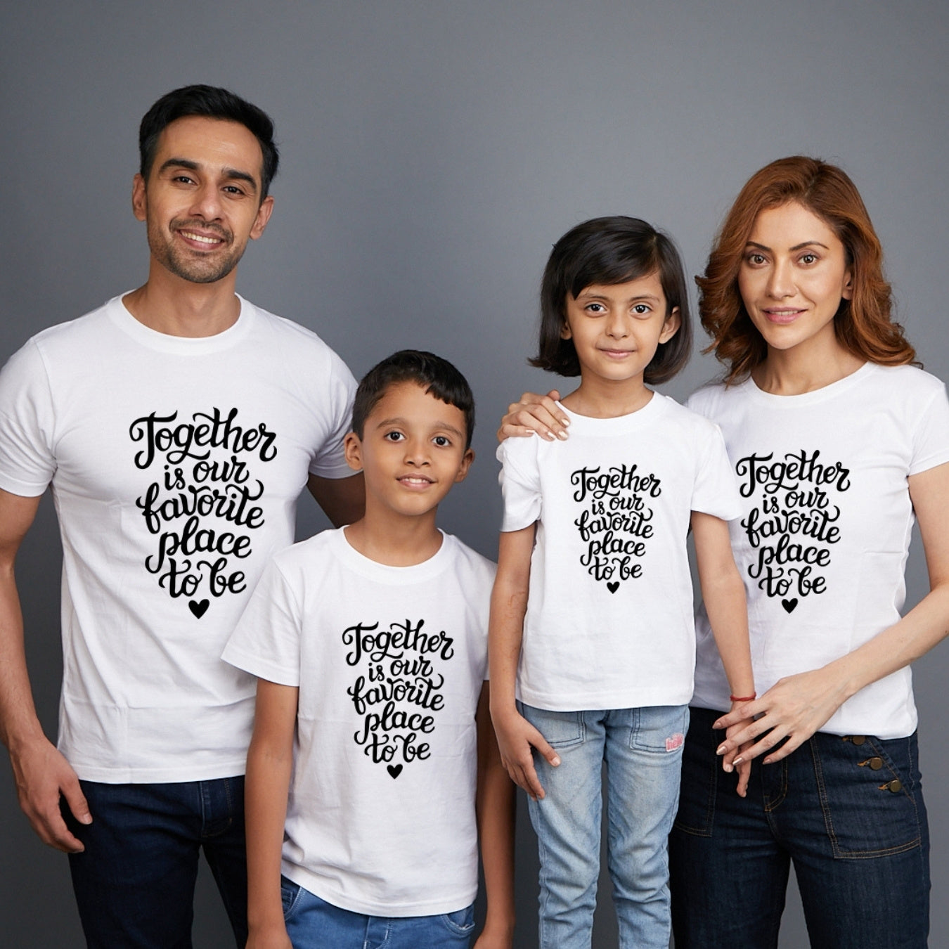 Family t shirts set of 4 Mom Dad Son Daughter in White Colour - Together Is Our Favourite Place To Be Variant