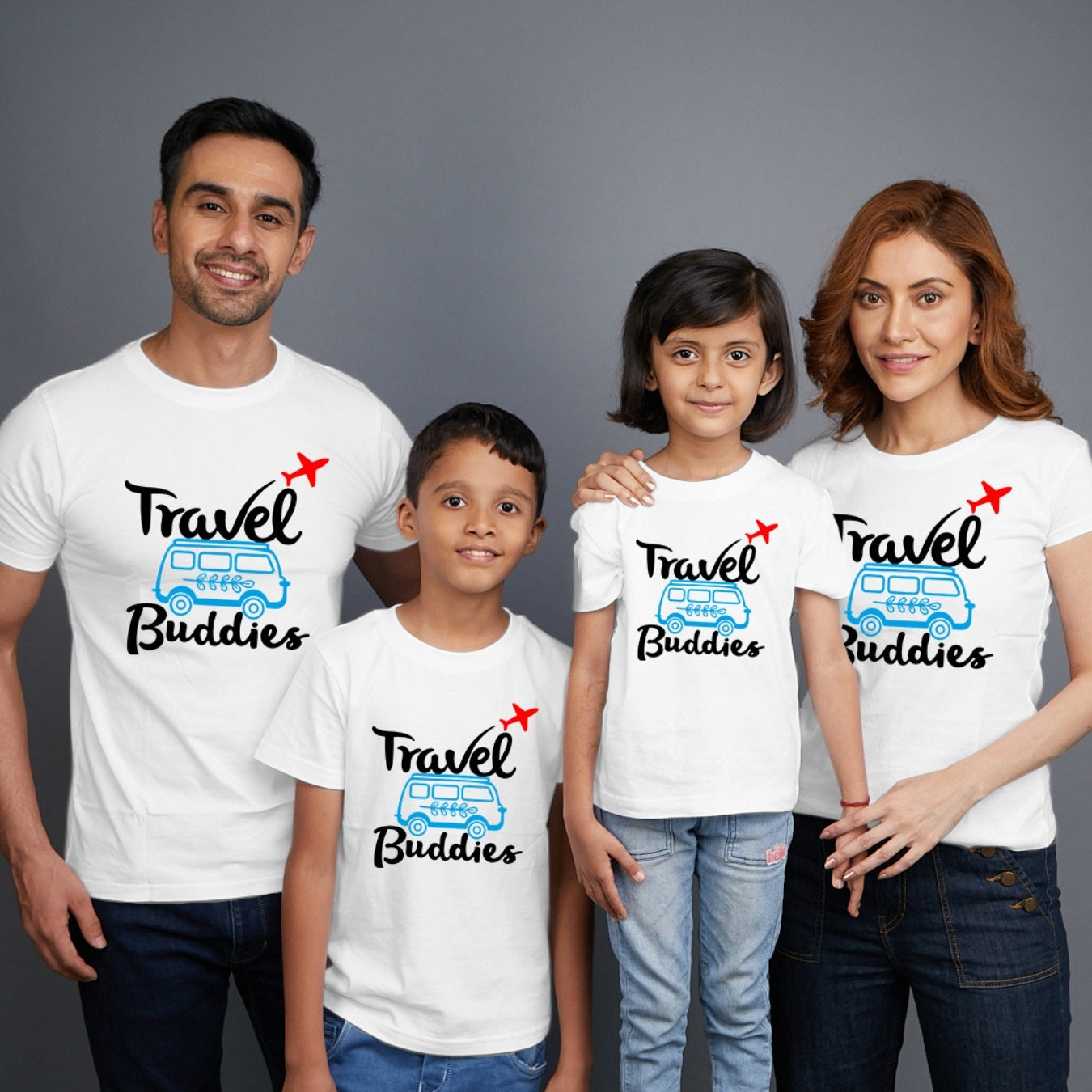 Family t shirts set of 4 Mom Dad Son Daughter in White Colour - Travel Buddies Variant
