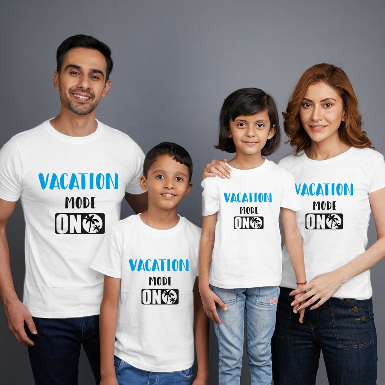 Family t shirts set of 4 Mom Dad Son Daughter in White Colour - Vacation Mode On Variant