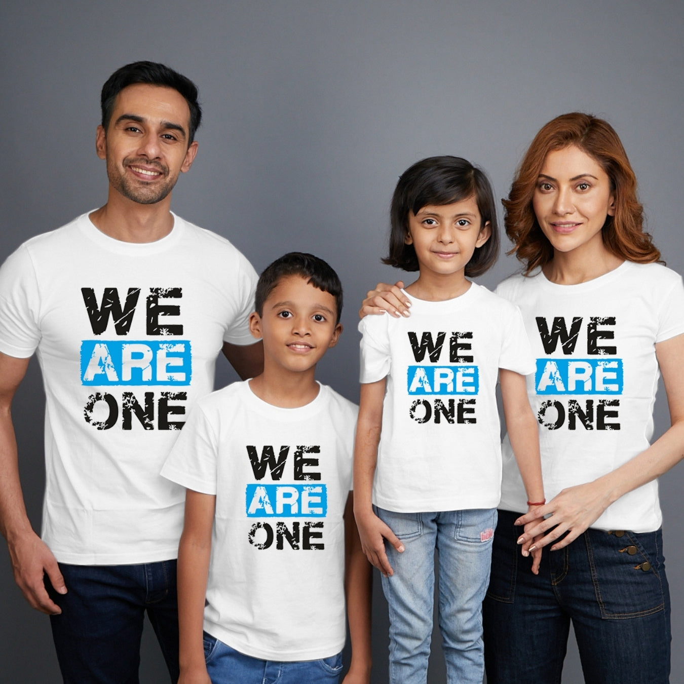 Family t shirts set of 4 Mom Dad Son Daughter in White Colour - We Are One Variant