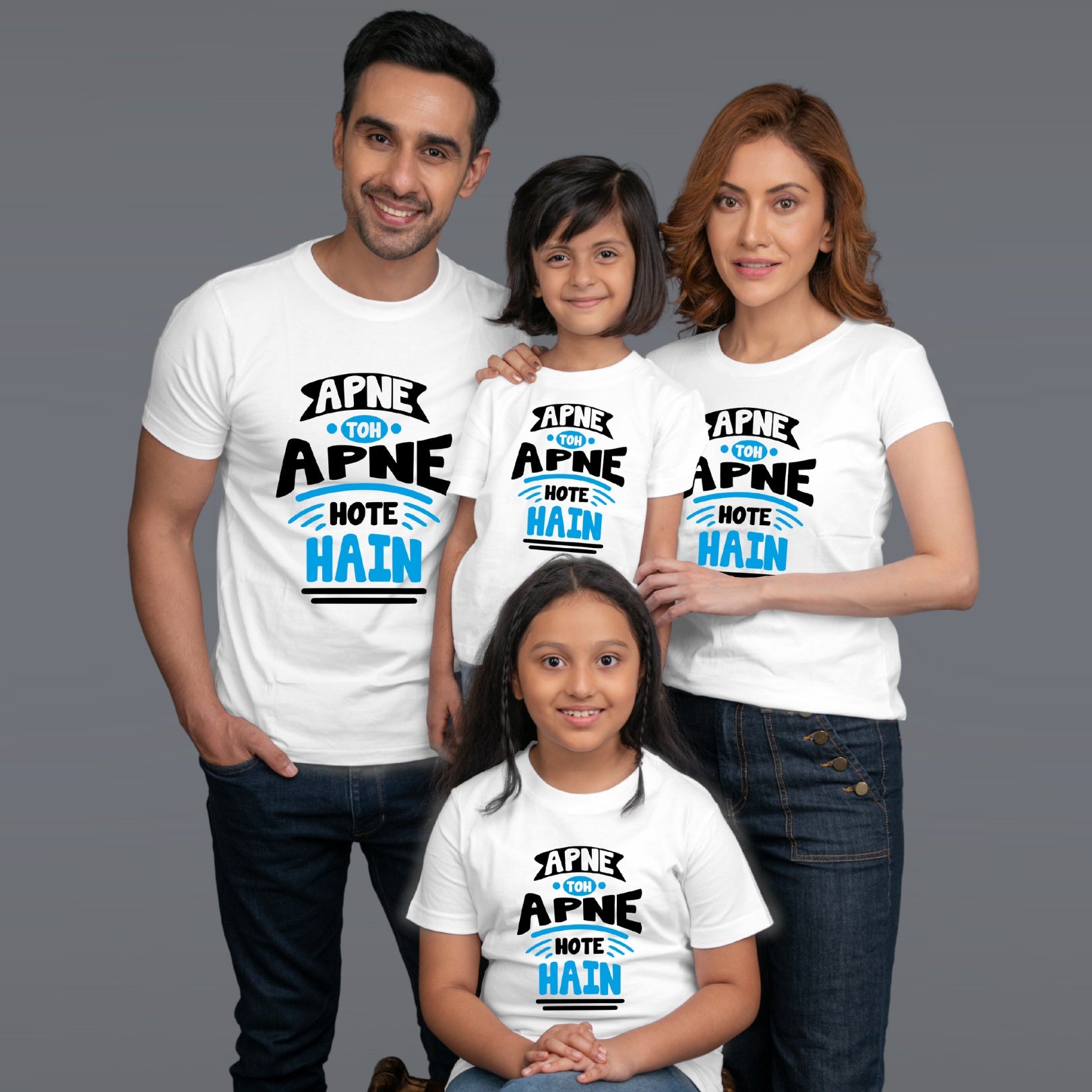 Family t shirts set of 4 Mom Dad Two Daughters in White Colour - Apne Toh Apne Hote Hain Variant