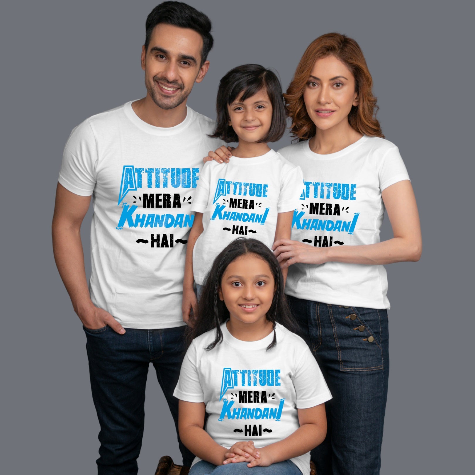 Family t shirts set of 4 Mom Dad Two Daughters in White Colour - Attitude Mera Khandani Hain Variant