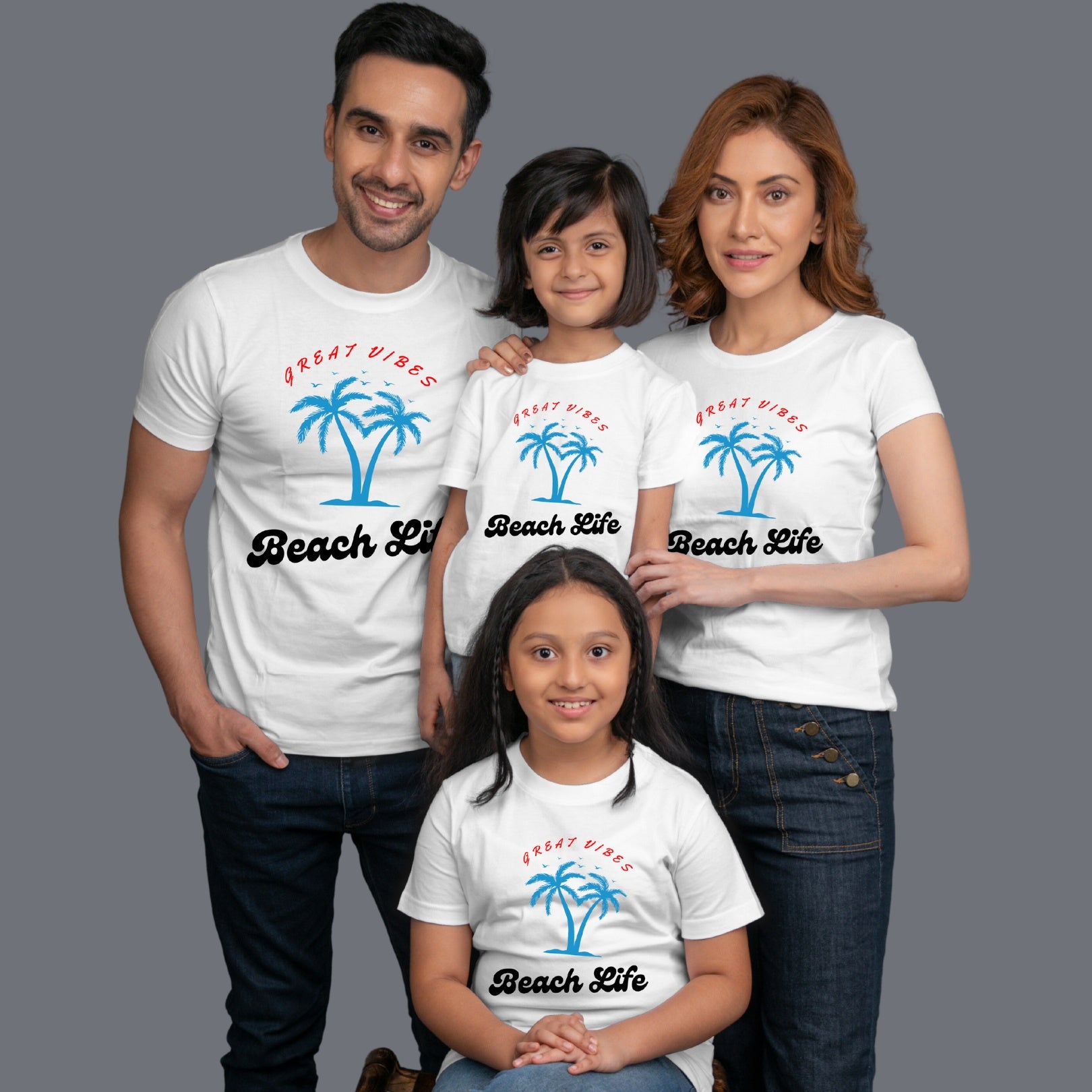 Family t shirts set of 4 Mom Dad Two Daughters in White Colour - Beach Life Variant