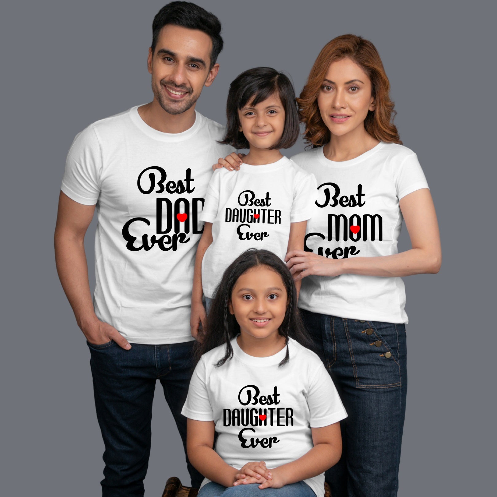 Family t shirts set of 4 Mom Dad Two Daughters in white Colour - Best Mom Dad Daughter Ever Variant