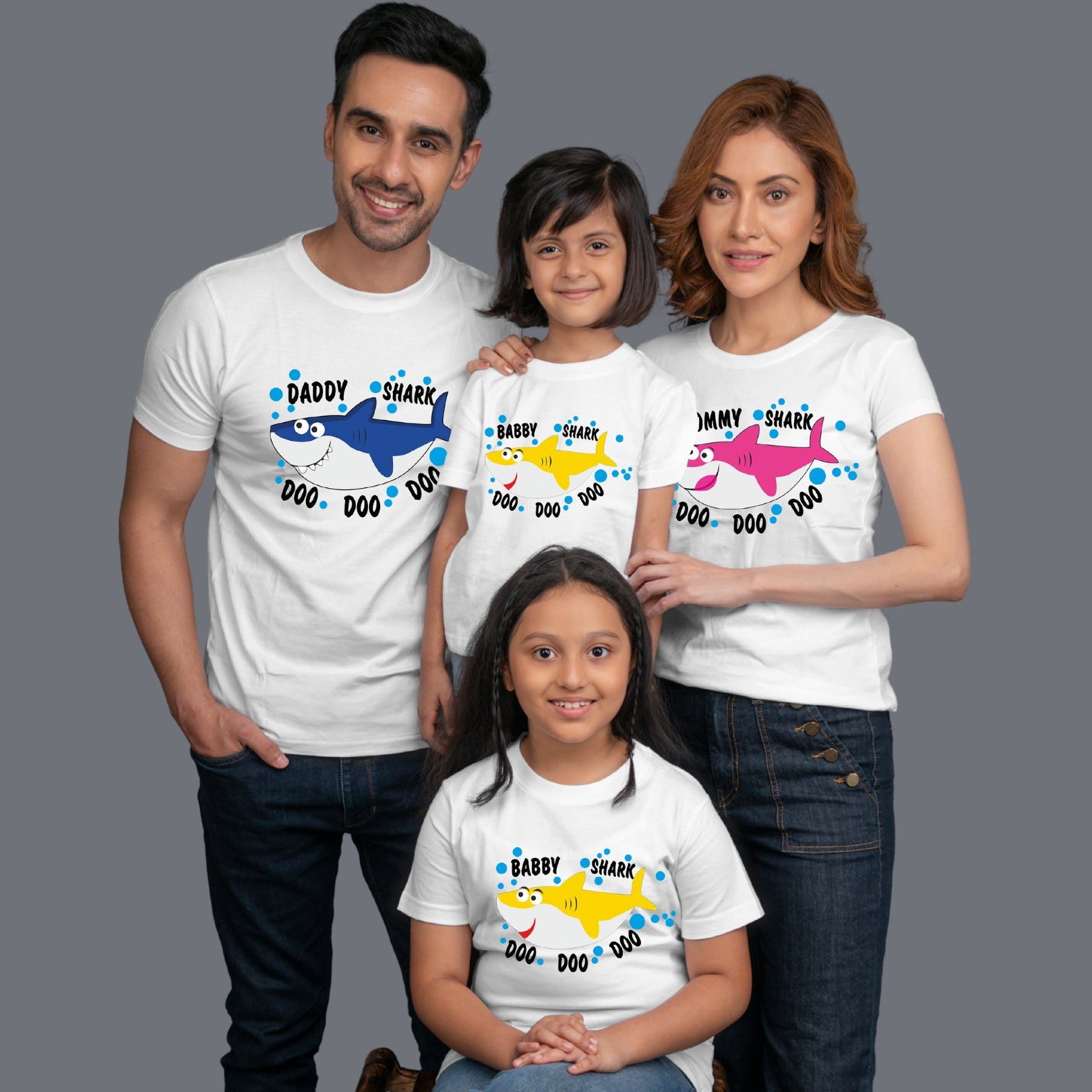 Family t shirts set of 4 Mom Dad Two Daughters in White Colour - Shark Family