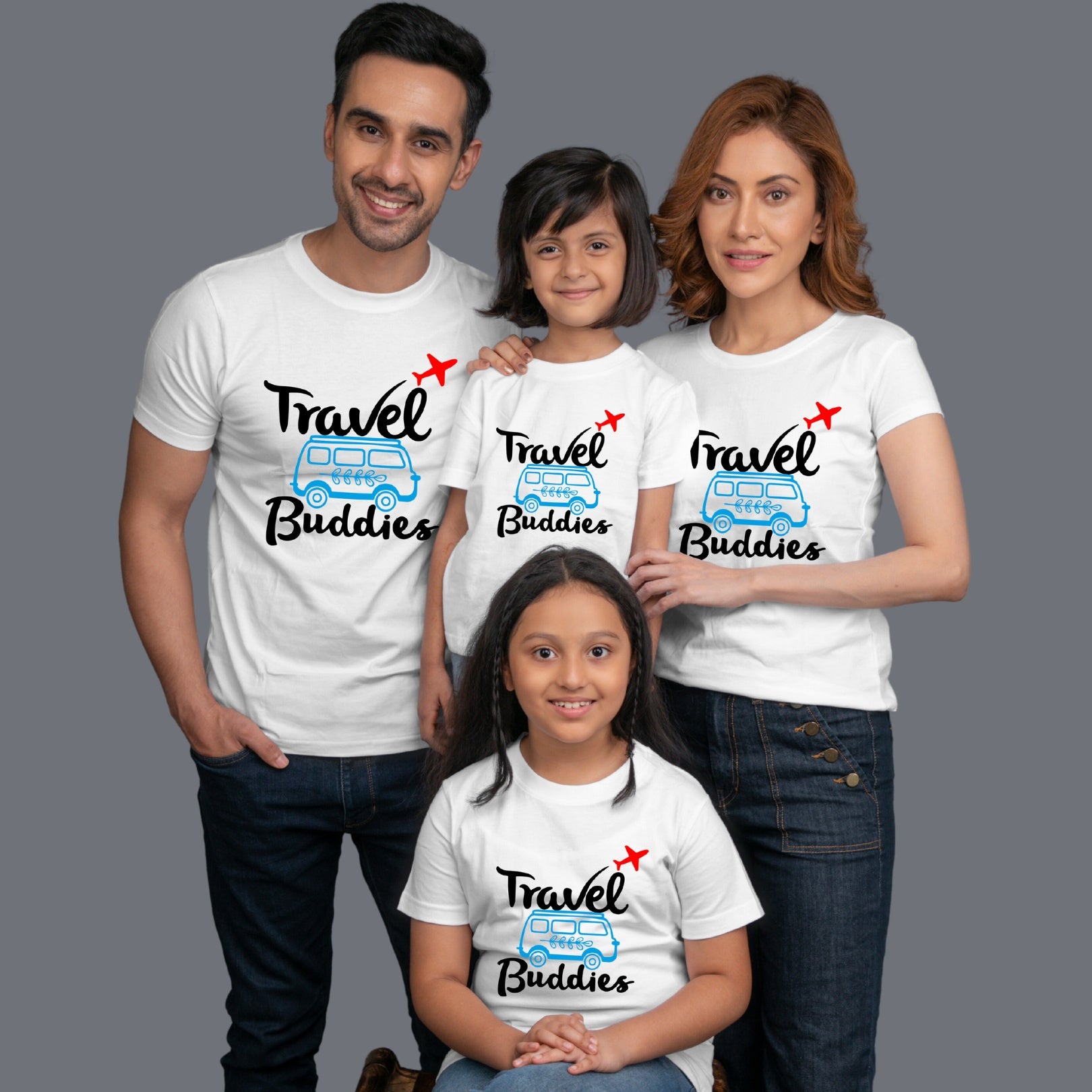 Family t shirts set of 4 Mom Dad Two Daughters in White Colour - Travel Buddies