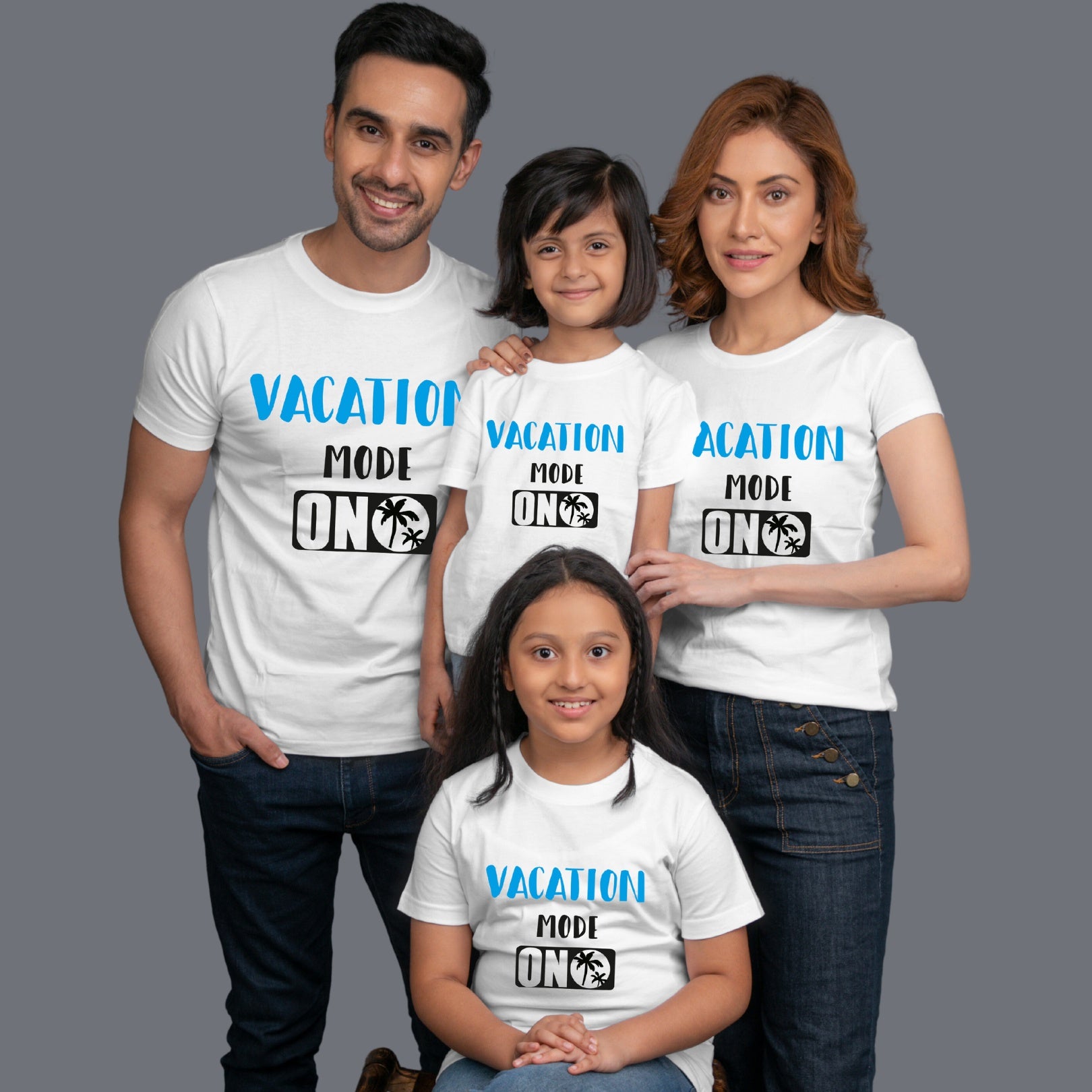 Family t shirts set of 4 Mom Dad Two Daughters in White Colour - Vacation Mode On Variant