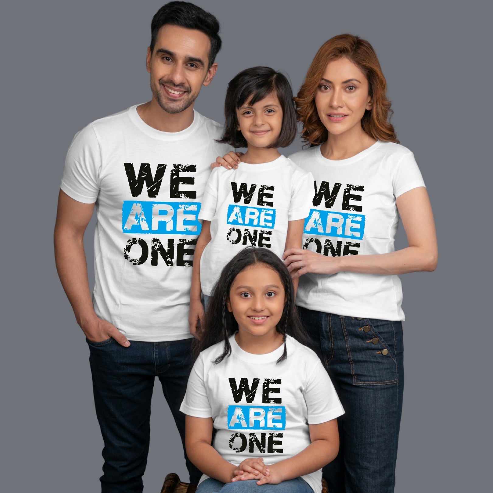 Family t shirts set of 4 Mom Dad Two Daughters in White Colour - We Are One Variant