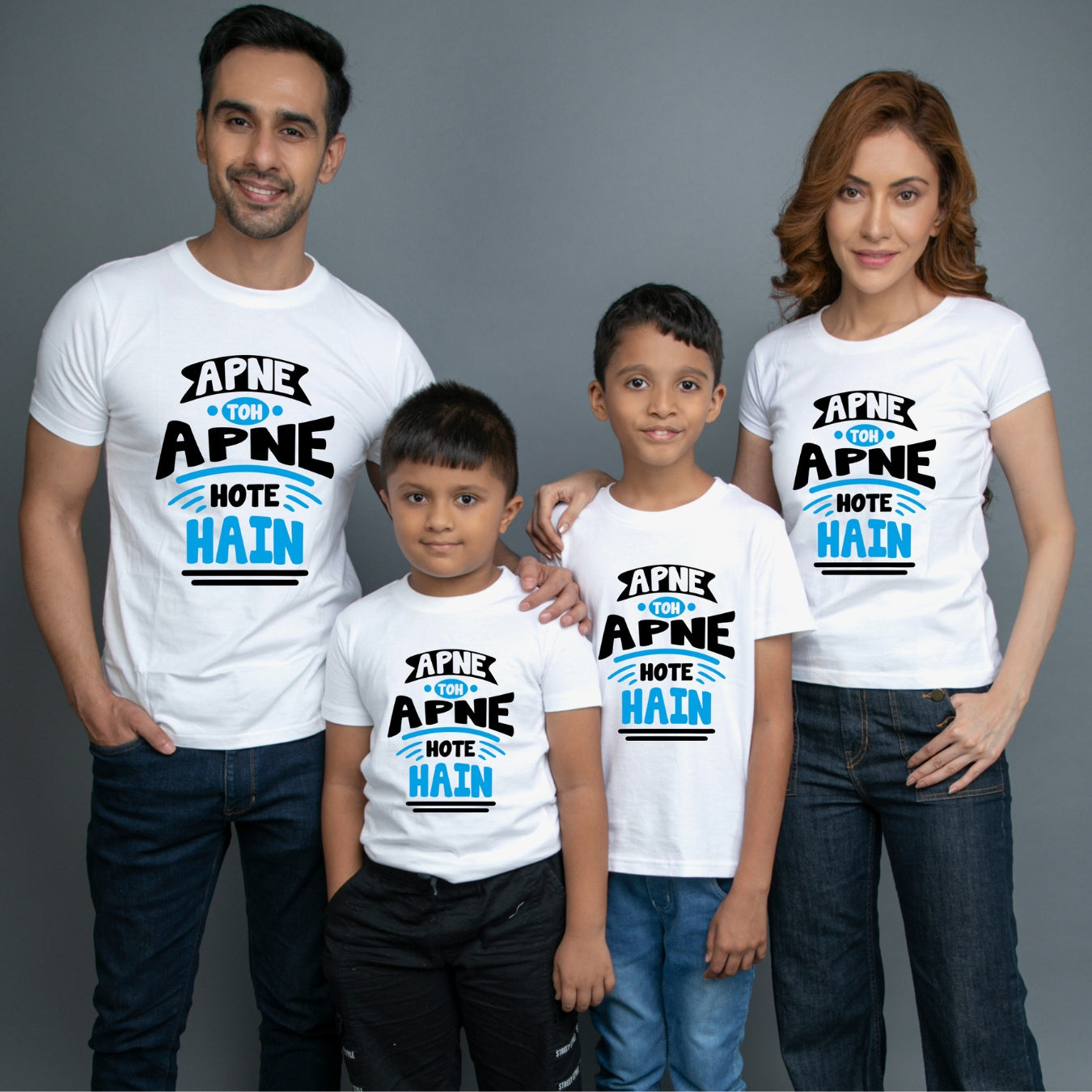Family t shirts set of 4 Mom Dad Two Sons in White Colour - Apne Toh Apne Hote Hain Variant