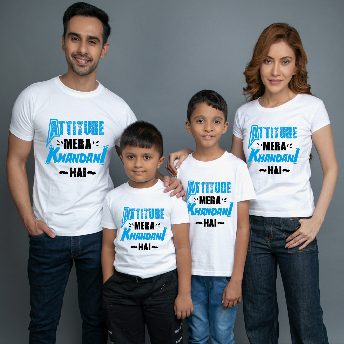 Family t shirts set of 4 Mom Dad Two Sons in White Colour - Attitude Mera Khandani Hain Variant