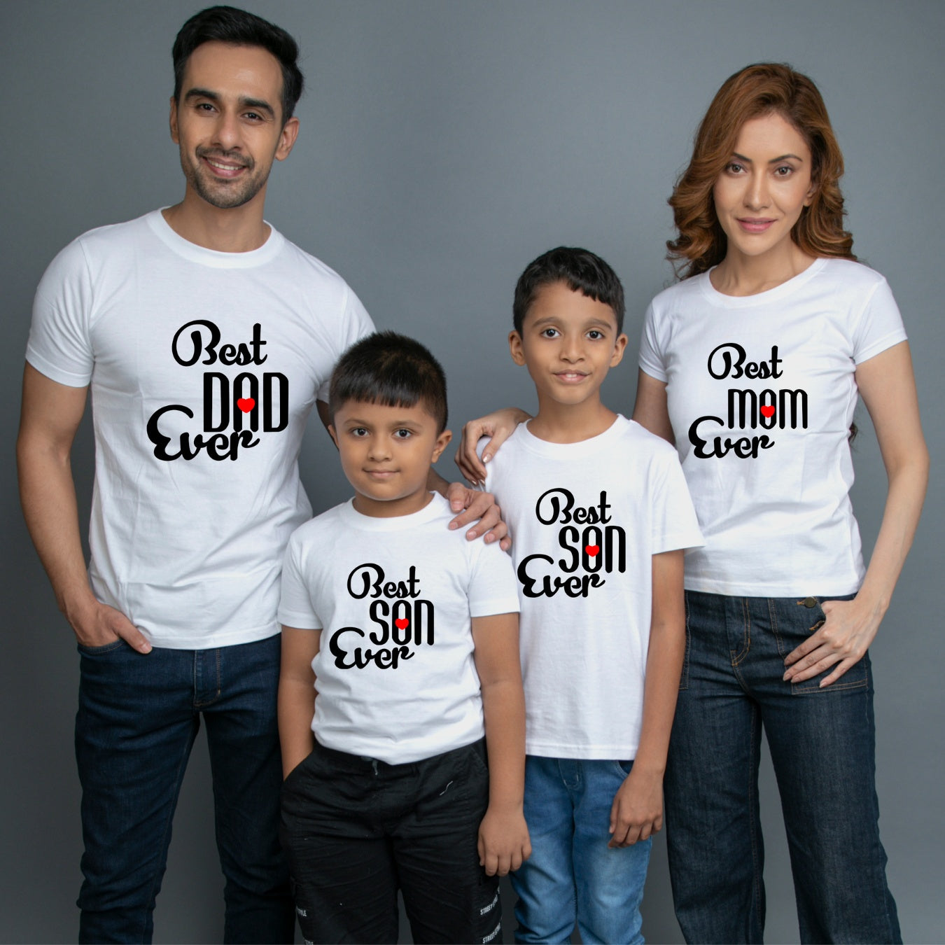 Family t shirts set of 4 Mom Dad Two Sons in white Colour - Best Mom Dad Son Ever Variant