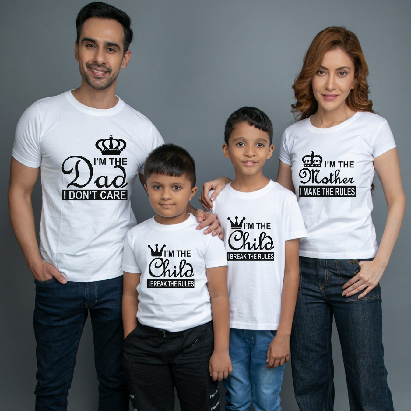 Family t shirts set of 4 Mom Dad Two Sons in White Colour - I Make Break The Rules Variant