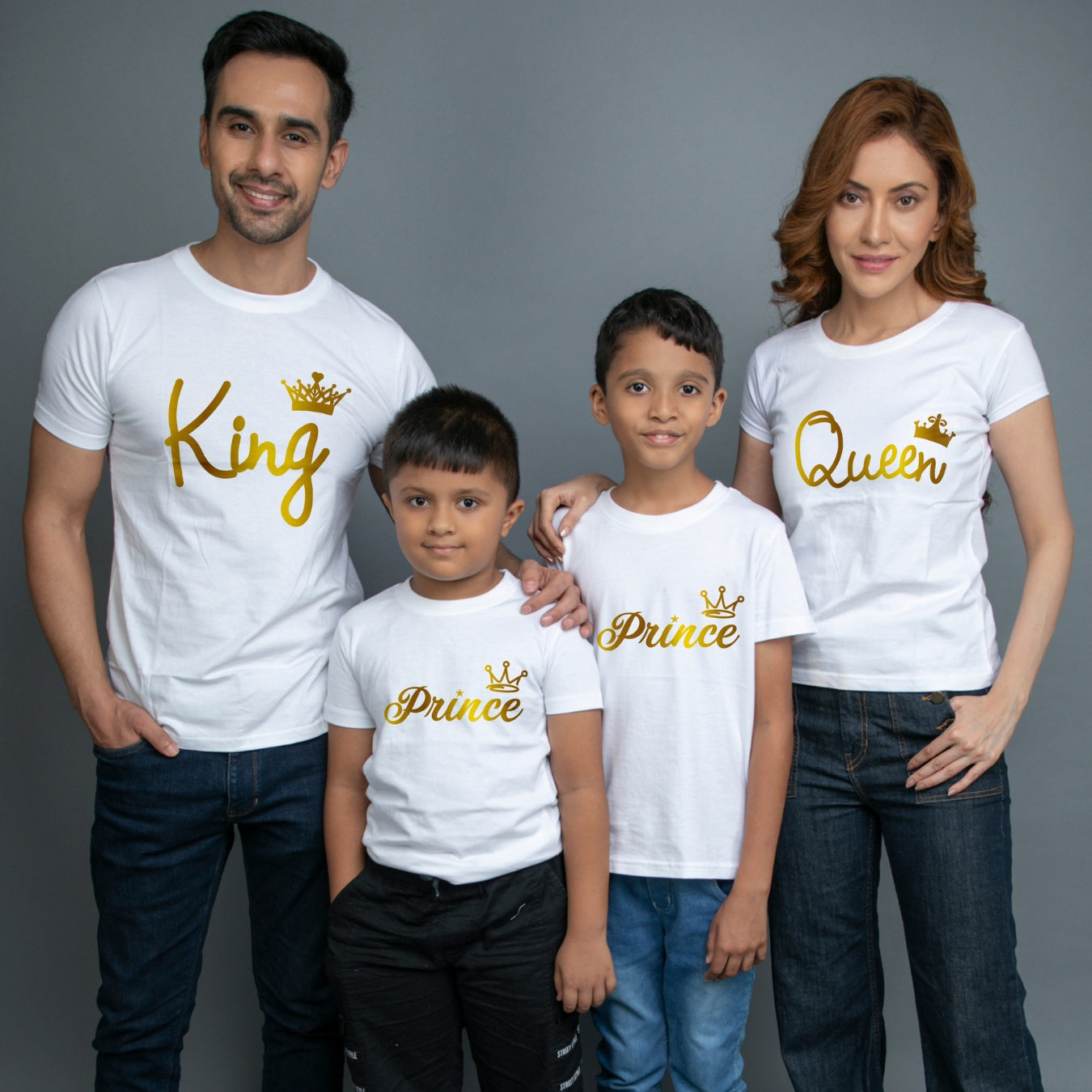 Family t shirts set of 4 Mom Dad Two Sons in White Colour - King Queen Prince All Gold Variant