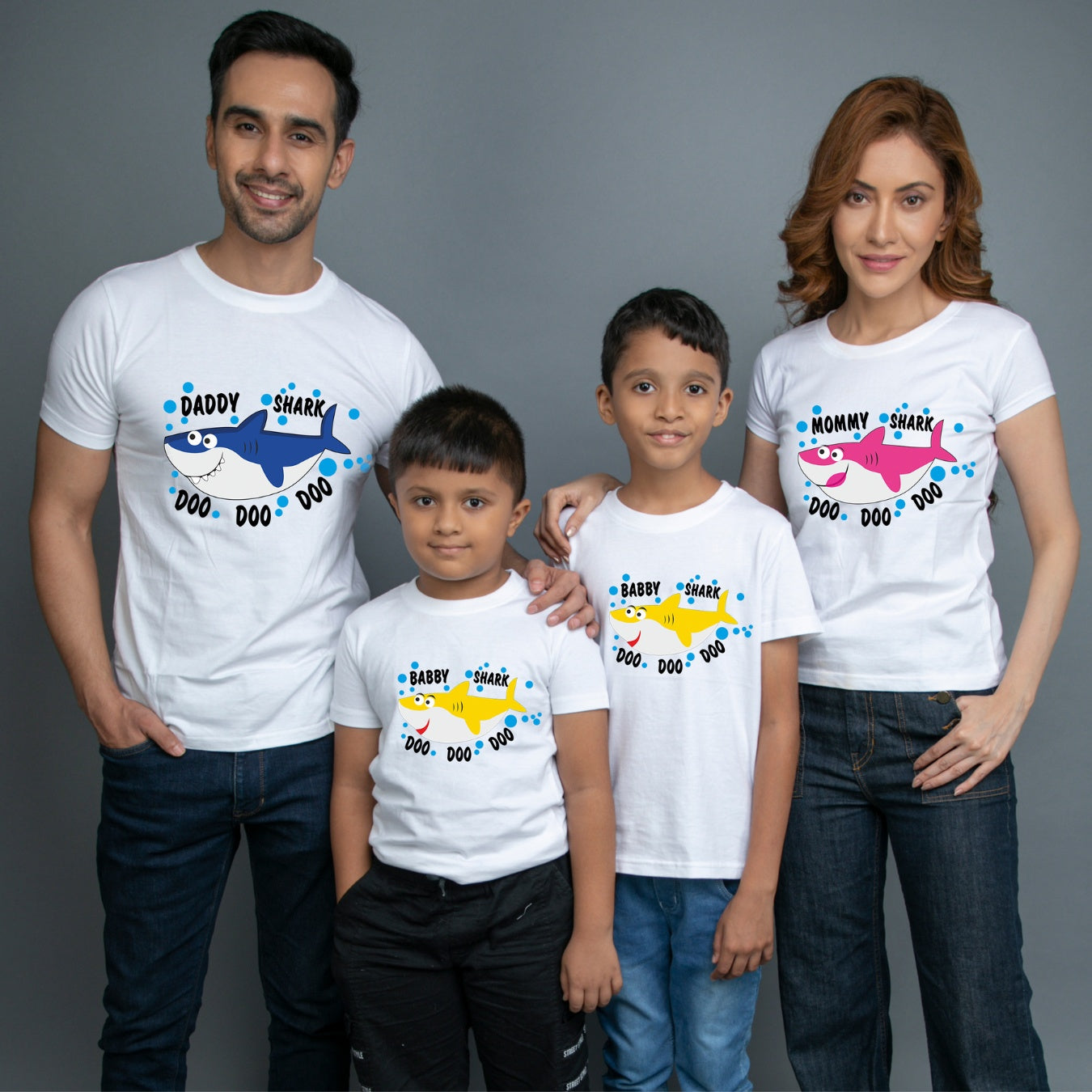 Family t shirts set of 4 Mom Dad Two Sons in White Colour - Shark Family