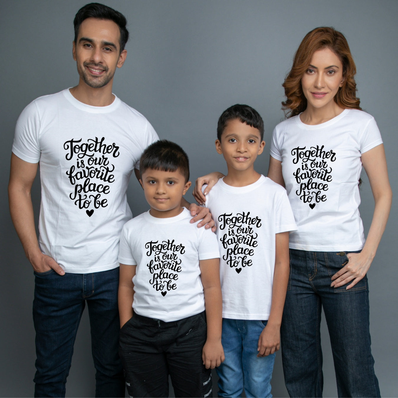 Family t shirts set of 4 Mom Dad Two Sons in White Colour - Together Is Our Favourite Place To Be Variant