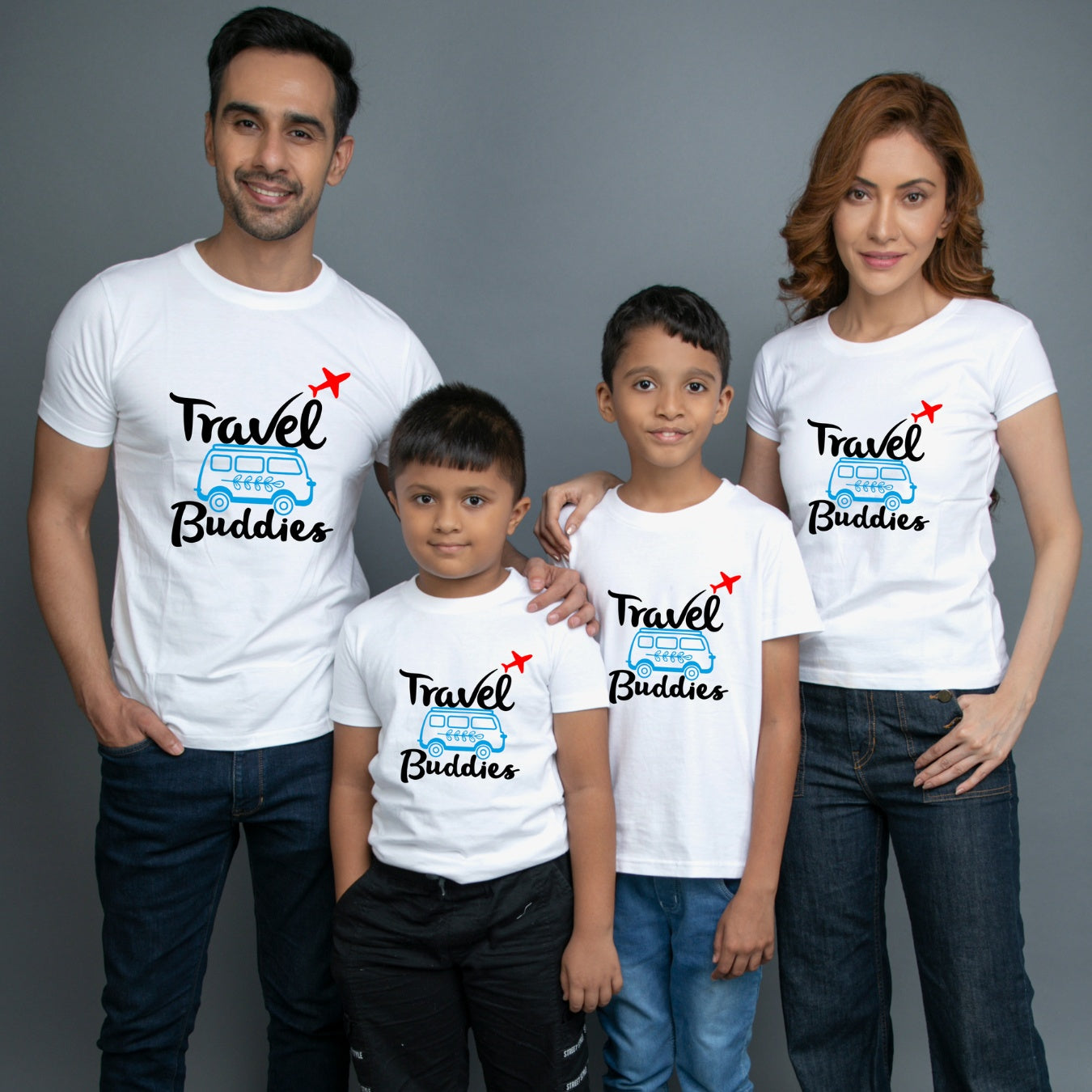 Family t shirts set of 4 Mom Dad Two Sons in White Colour - Travel Buddies