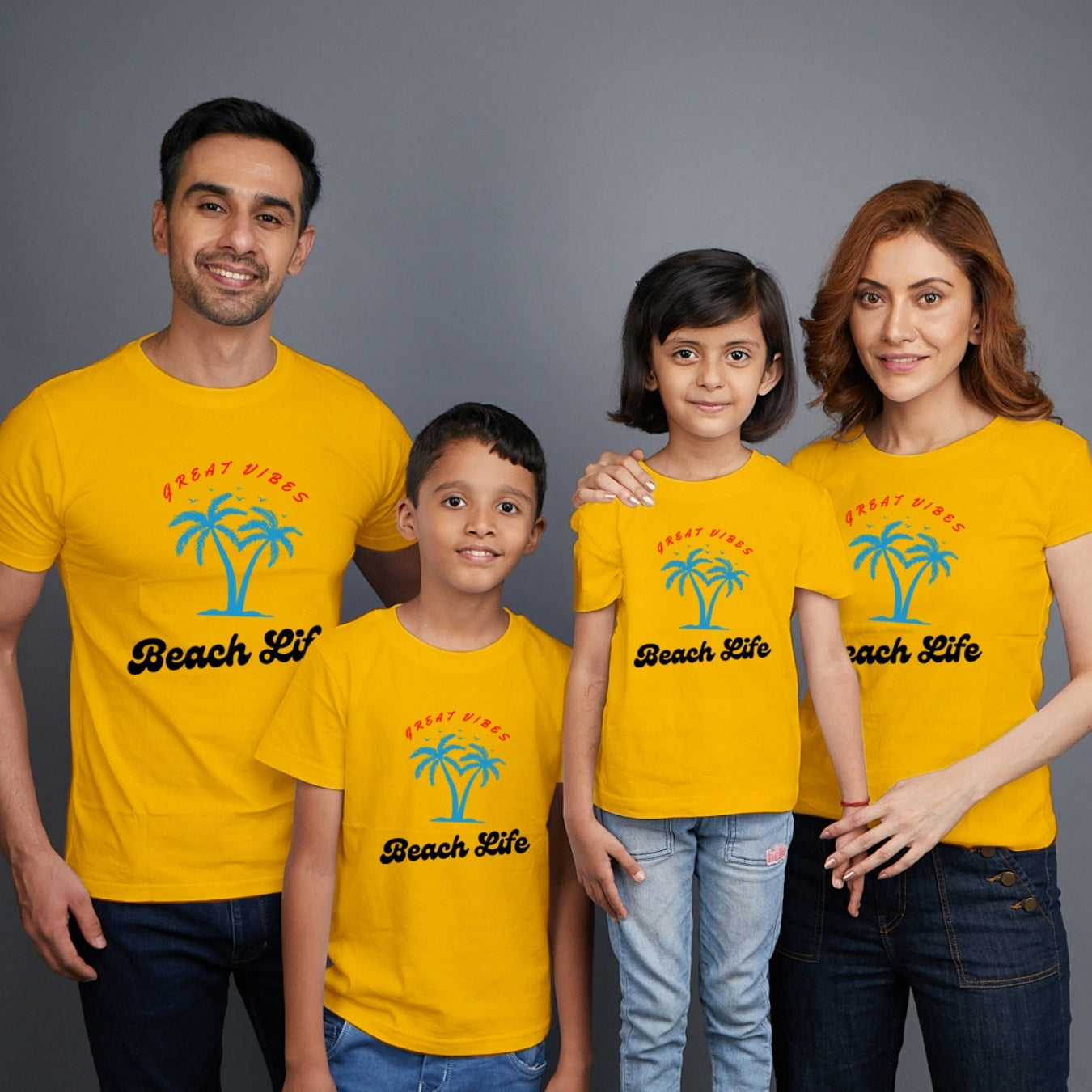 Family t shirts set of 4 Mom Dad Son Daughter in Yellow Colour - Beach Life Variant